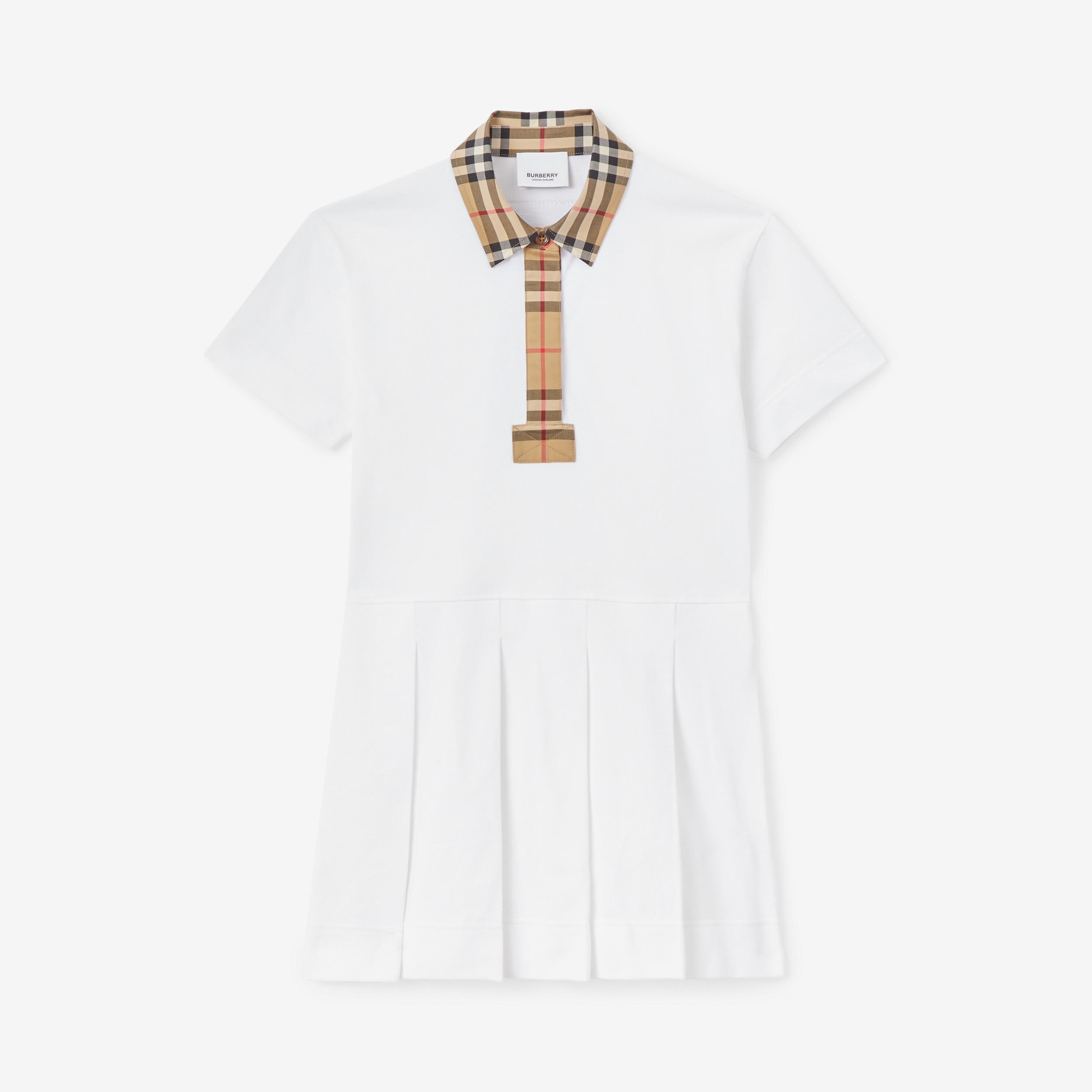 Vintage 格纹装饰棉质珠地布 Polo 衫式连衣裙 (白色) | Burberry® 博柏利官网 - 1