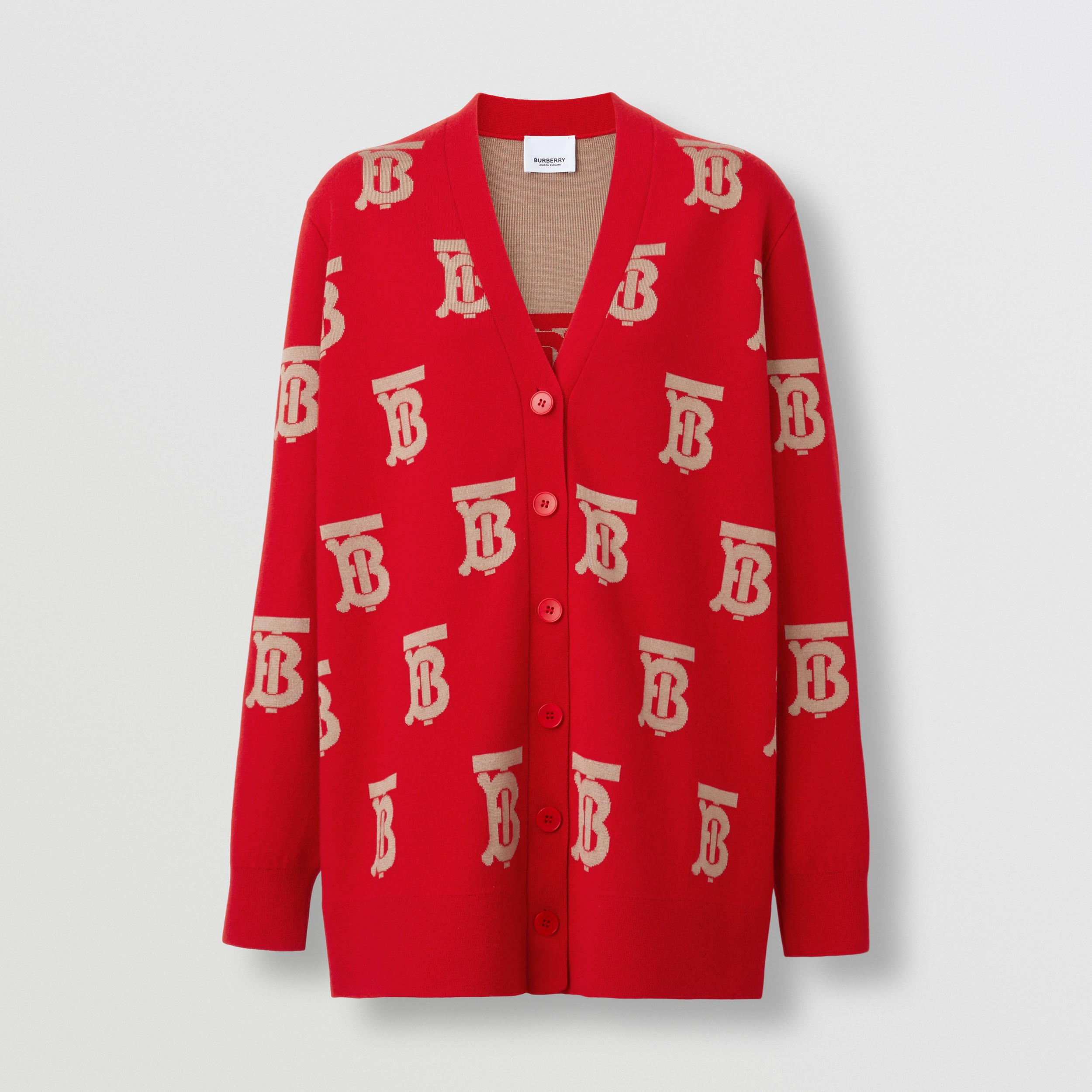 Monogram Wool Silk Blend Oversized Cardigan in Bright Red - Women | Burberry® Official - 4