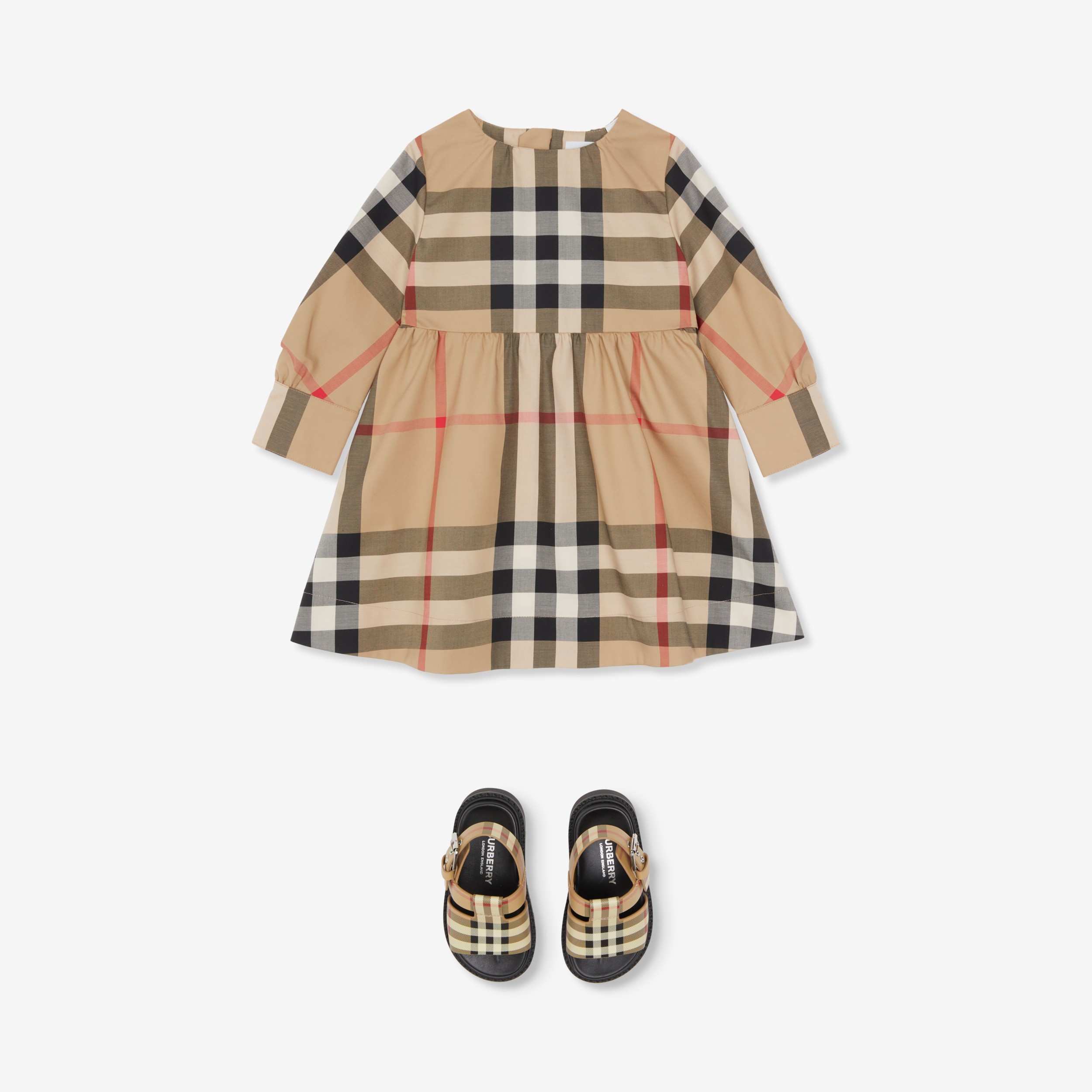 Long-sleeve Check Stretch Cotton Dress in Archive Beige - Children |  Burberry® Official