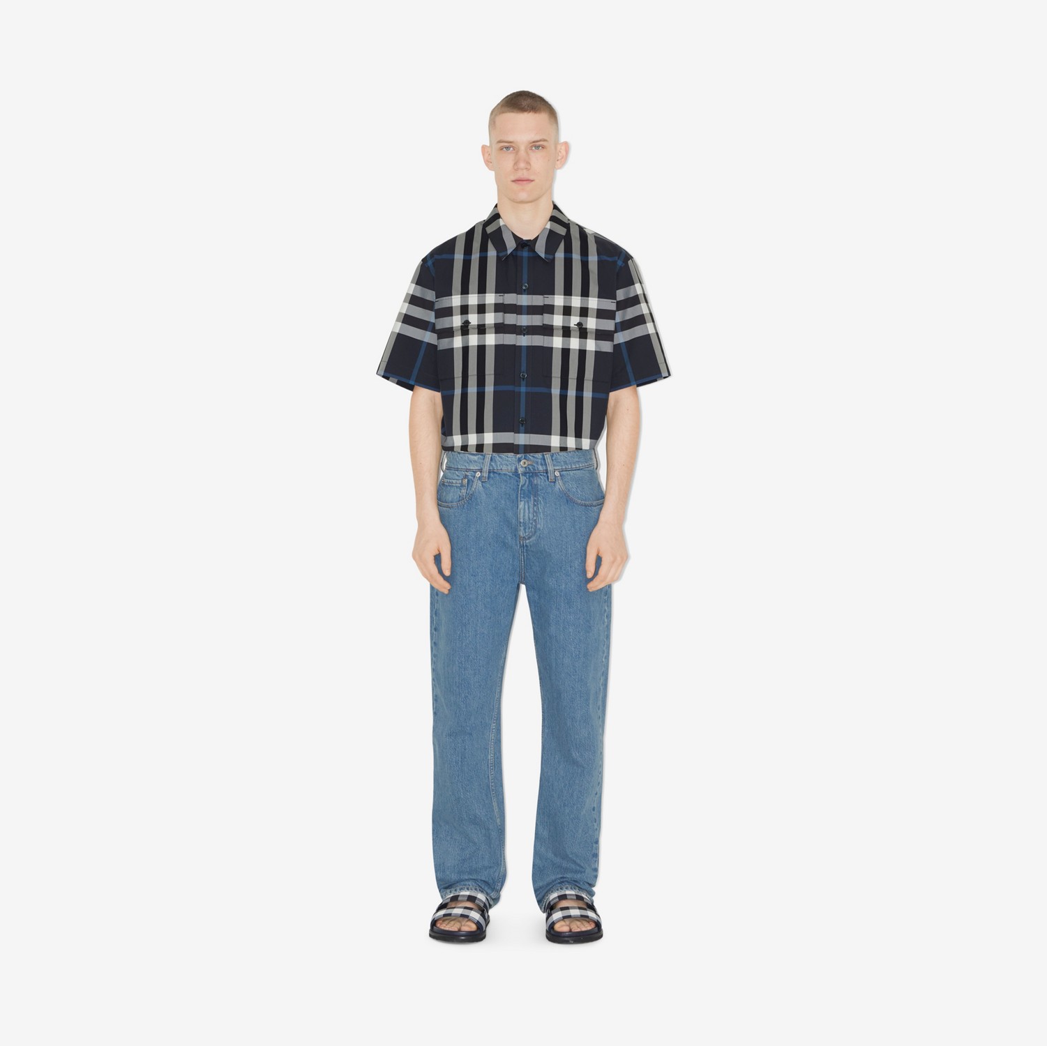 Camisa oversize de algodão Check (Branco/azul Escuro) - Homens | Burberry® oficial