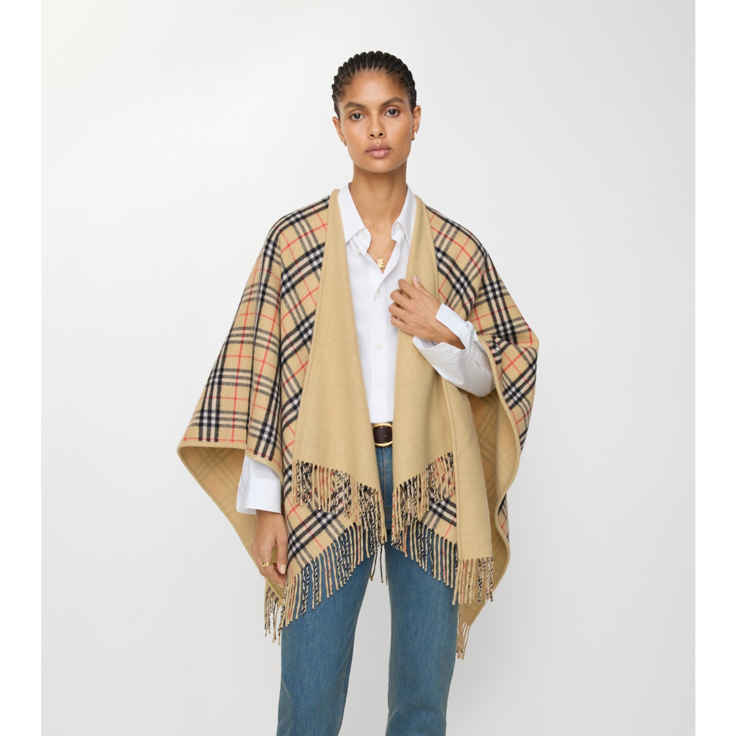Reversible Check Wool Cape in Sand beige | Burberry® Official