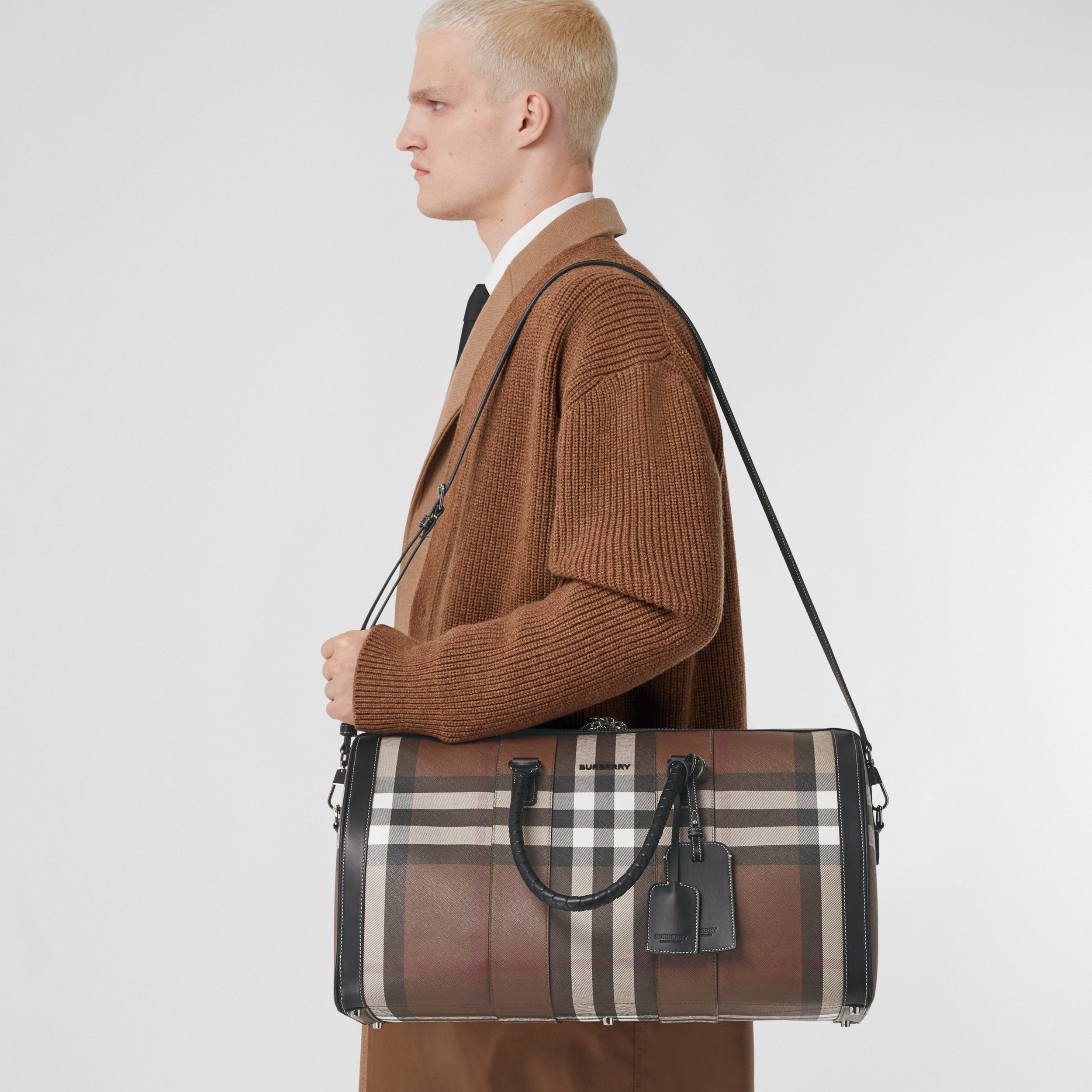 Logo Detail Check and Leather Holdall in Dark Birch Brown | Burberry® Official - 3