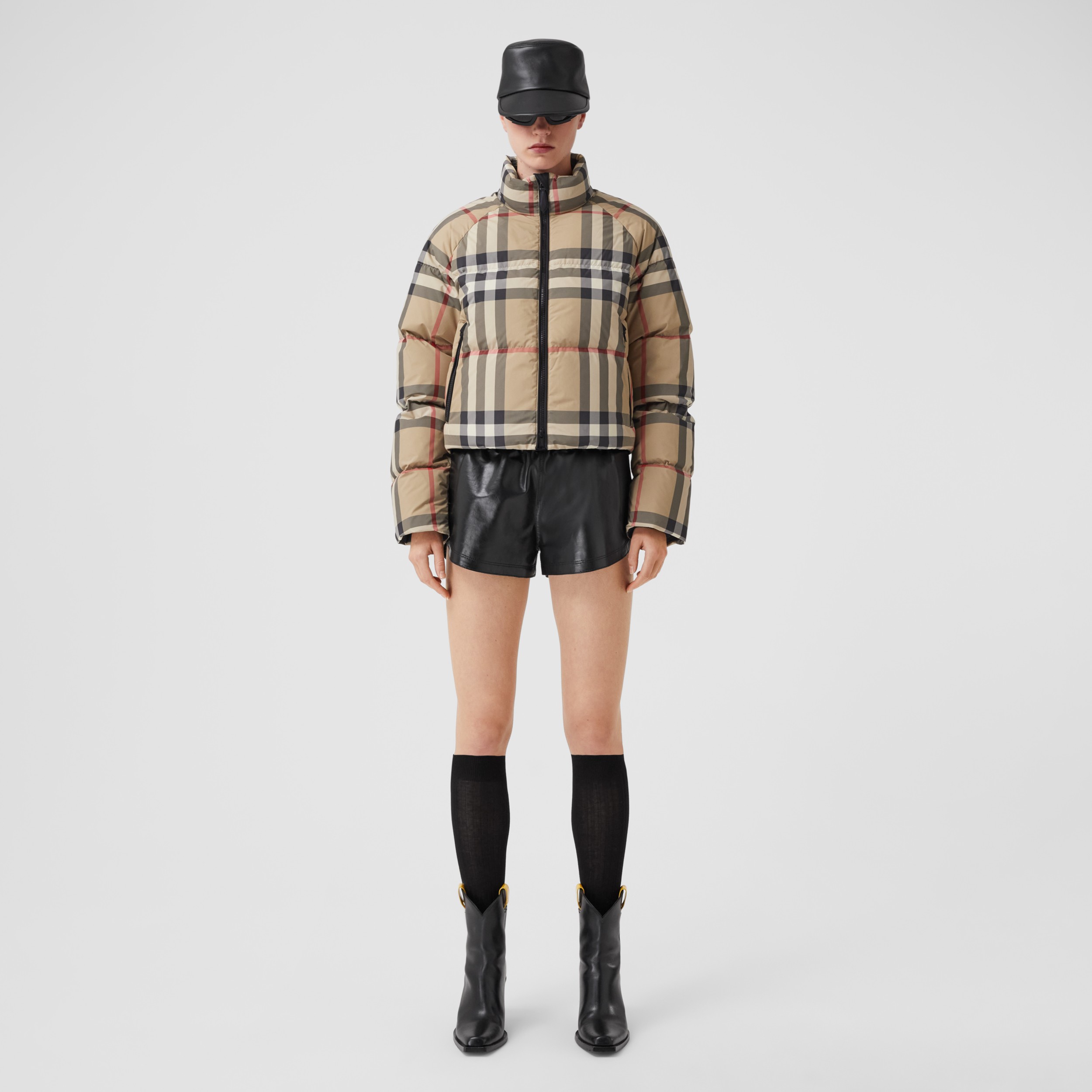 Check Cropped Puffer Jacket in Archive Beige - Women | Burberry® Official - 1