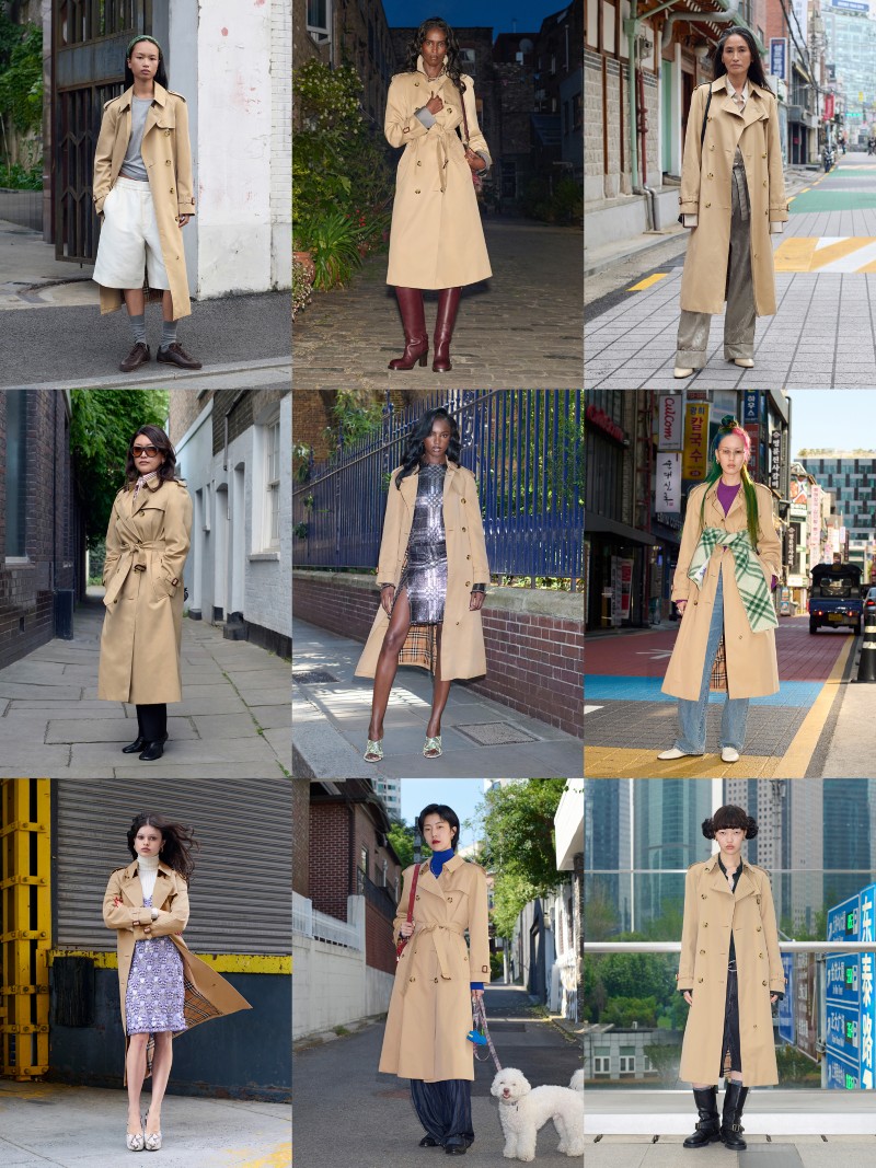 Grid of 9 Shots of a mixture of personalities & Burberry employees wearing the Long Waterloo Heritage Trench Coat in colour Honey beige