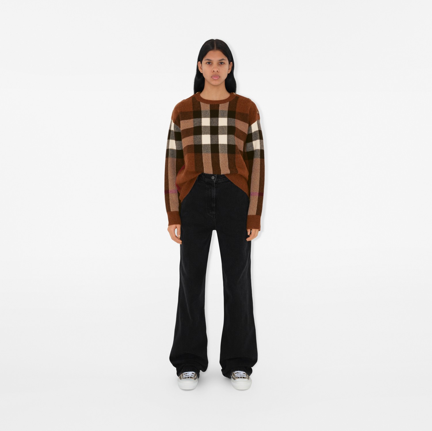 Exaggerated Check Wool Cashmere Sweater in Dark Birch Brown - Women |  Burberry® Official