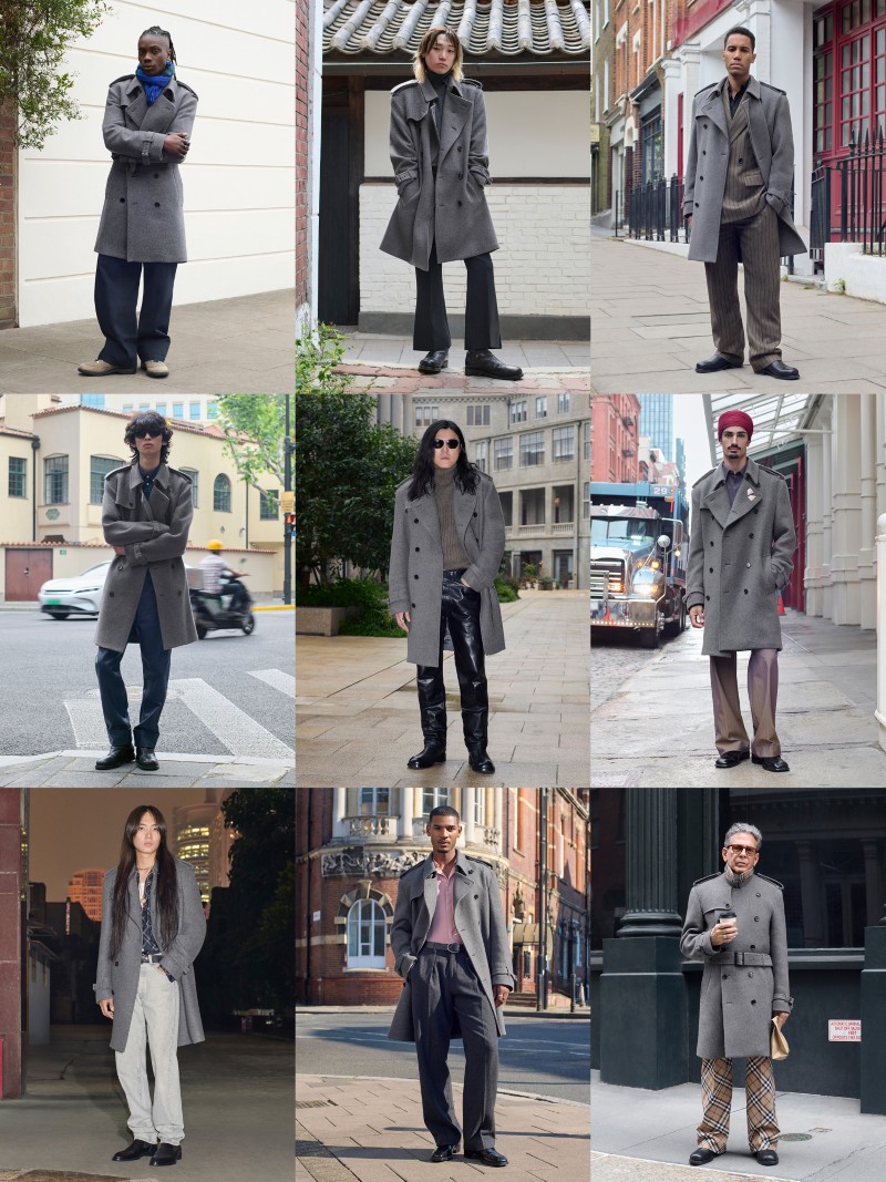 Grid of 9 Shots of a mixture of personalities & Burberry employees wearing the Mid-length Cashmere Hastings Trench Coat in colour Grey melange