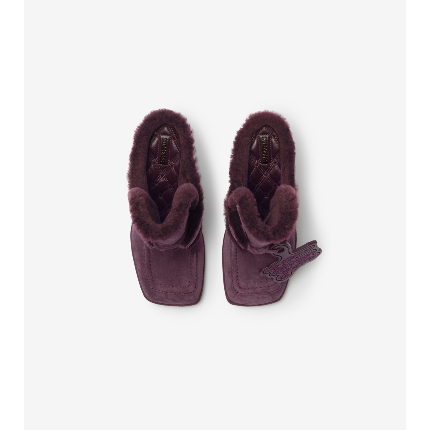 Suede and Shearling Highland Mules in Aubergine - Women | Burberry ...