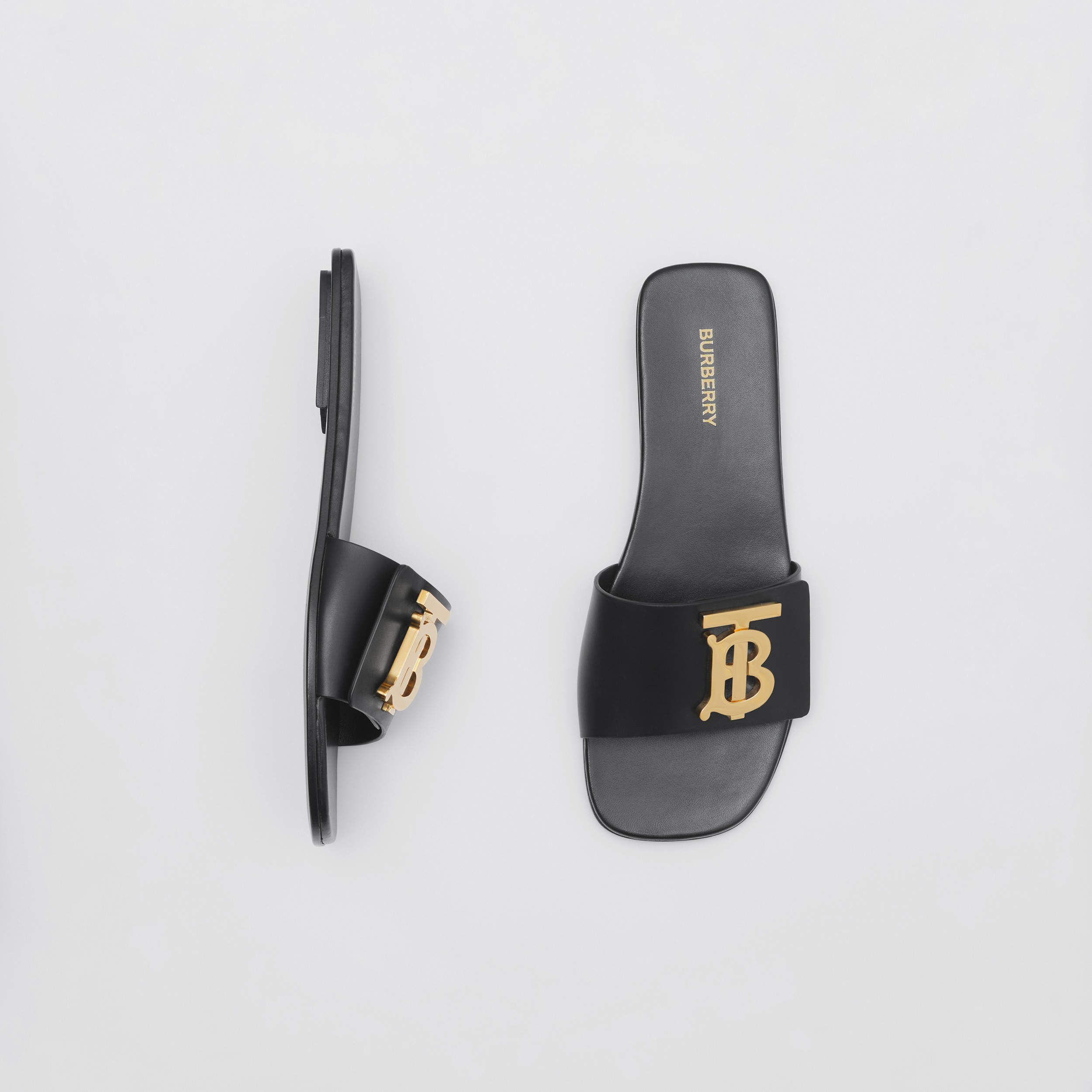 Monogram Motif Leather Slides in Black - Women | Burberry® Official - 1