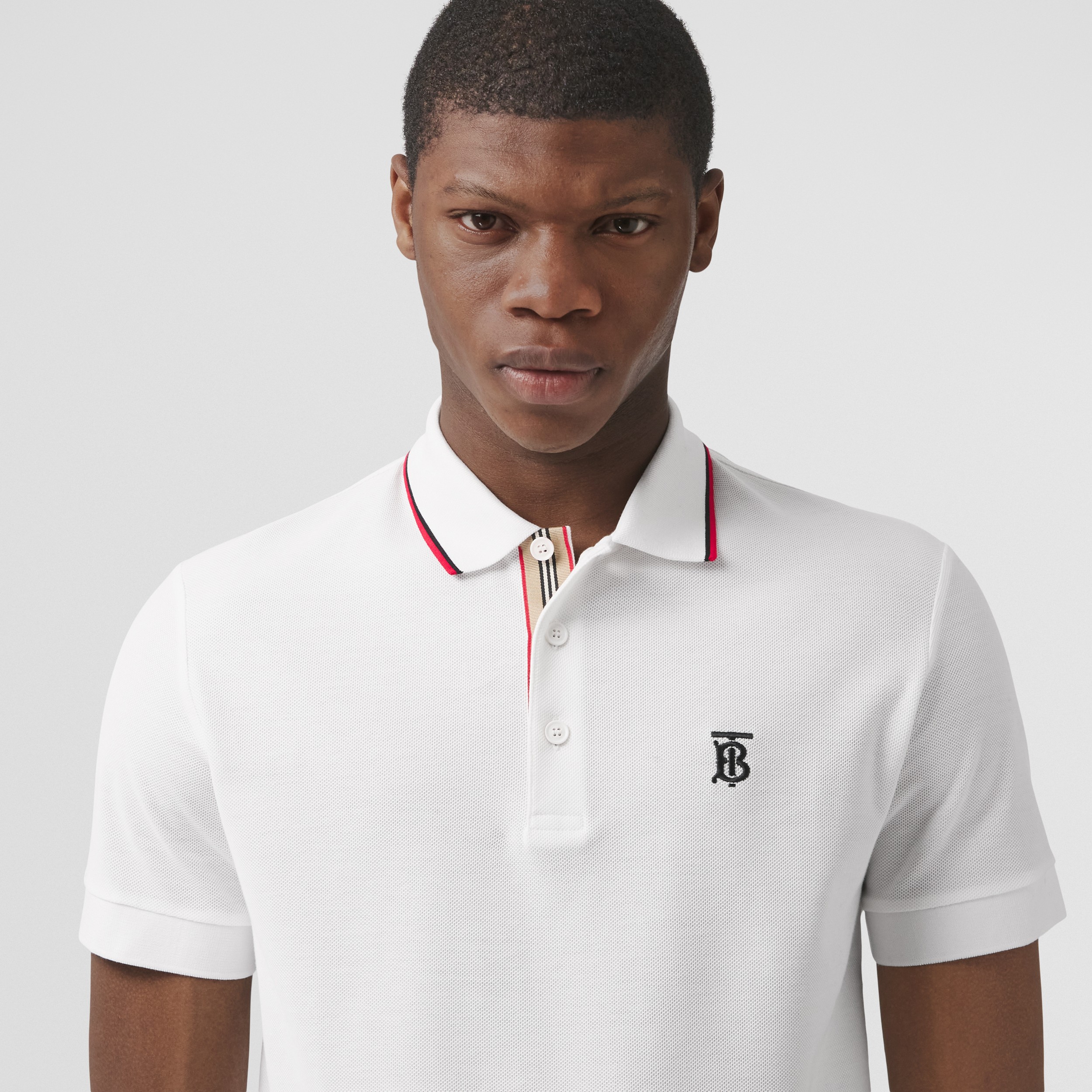 Icon Stripe Placket Cotton Piqué Polo Shirt in White - Men | Burberry ...