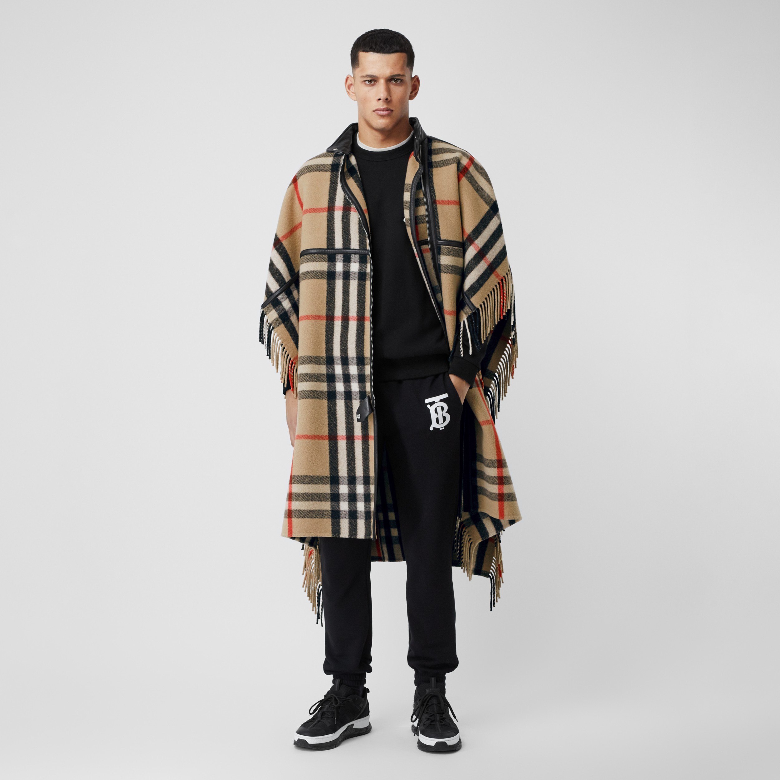 Check Wool Blend Zip-front Cape in Archive Beige | Burberry