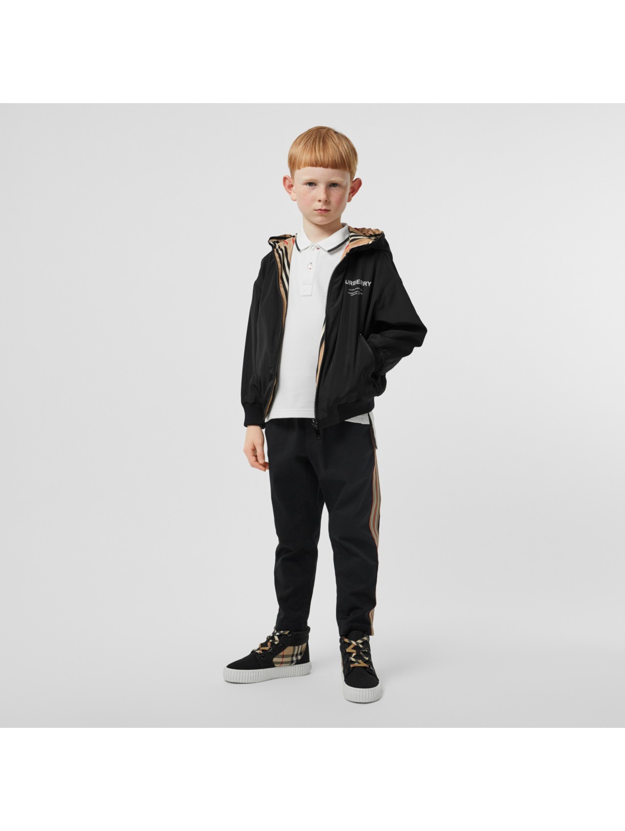 reversible icon stripe hooded jacket in black