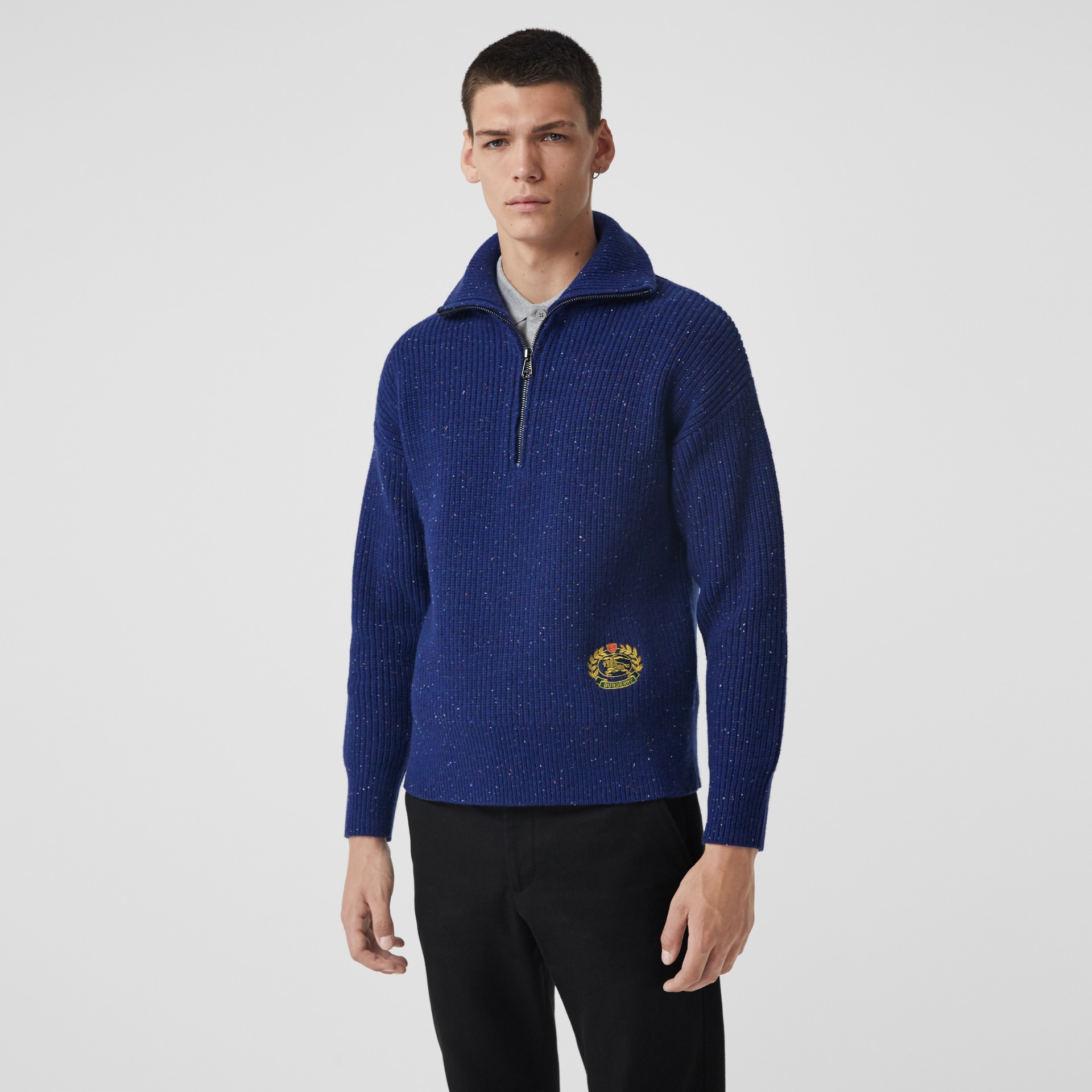 Rib Knit Wool Cashmere Blend Halfzip Sweater in Navy Burberry United