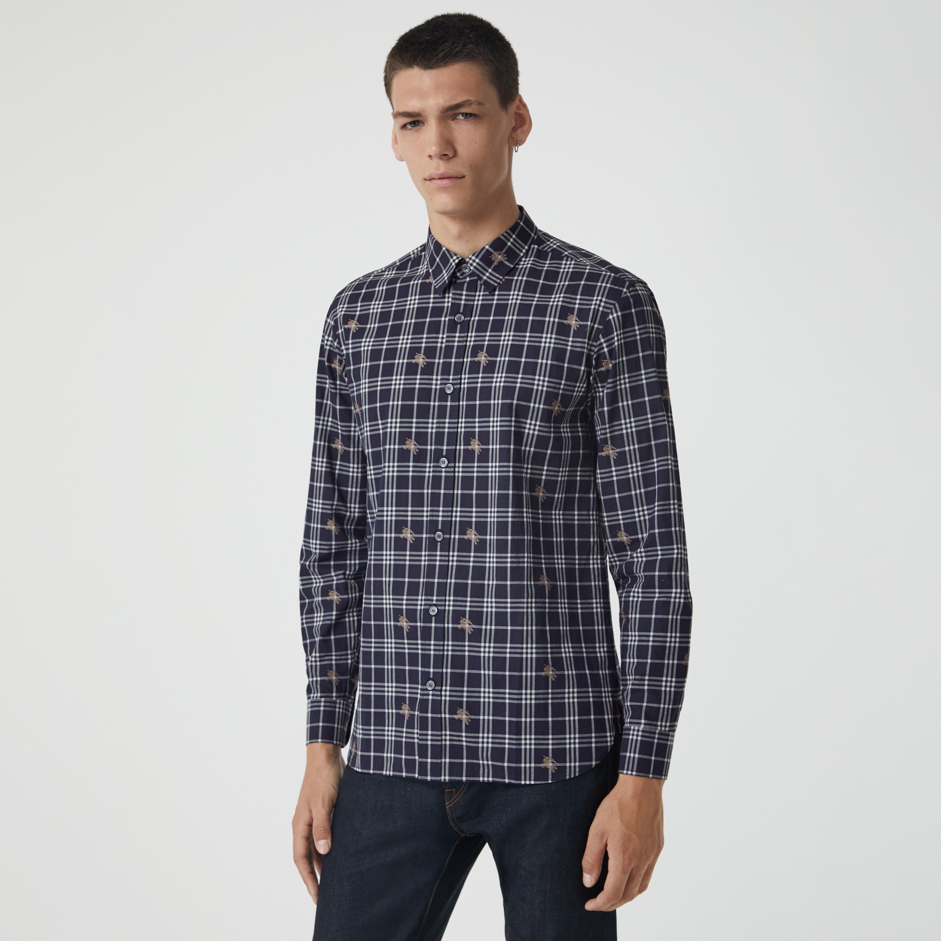 Equestrian Knight Check Cotton Shirt in Navy - Men | Burberry United States