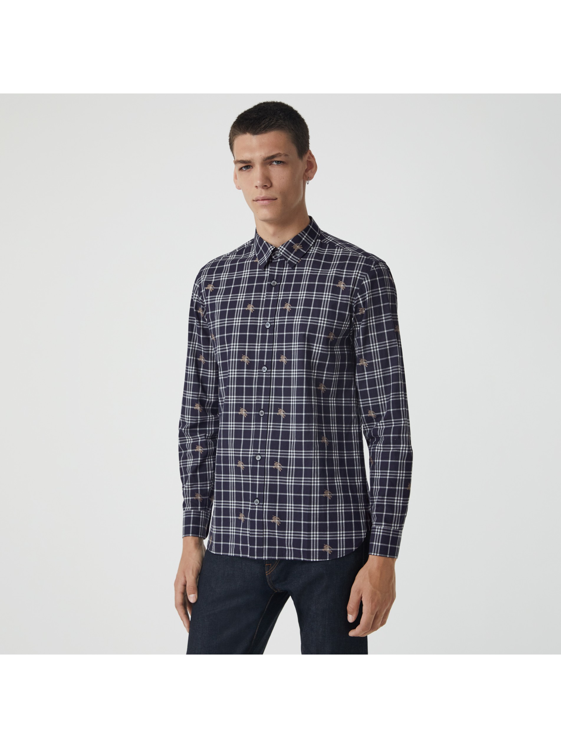 马术骑士图案格纹棉质衬衫 (海军蓝) - 男士 | burberry 博柏利