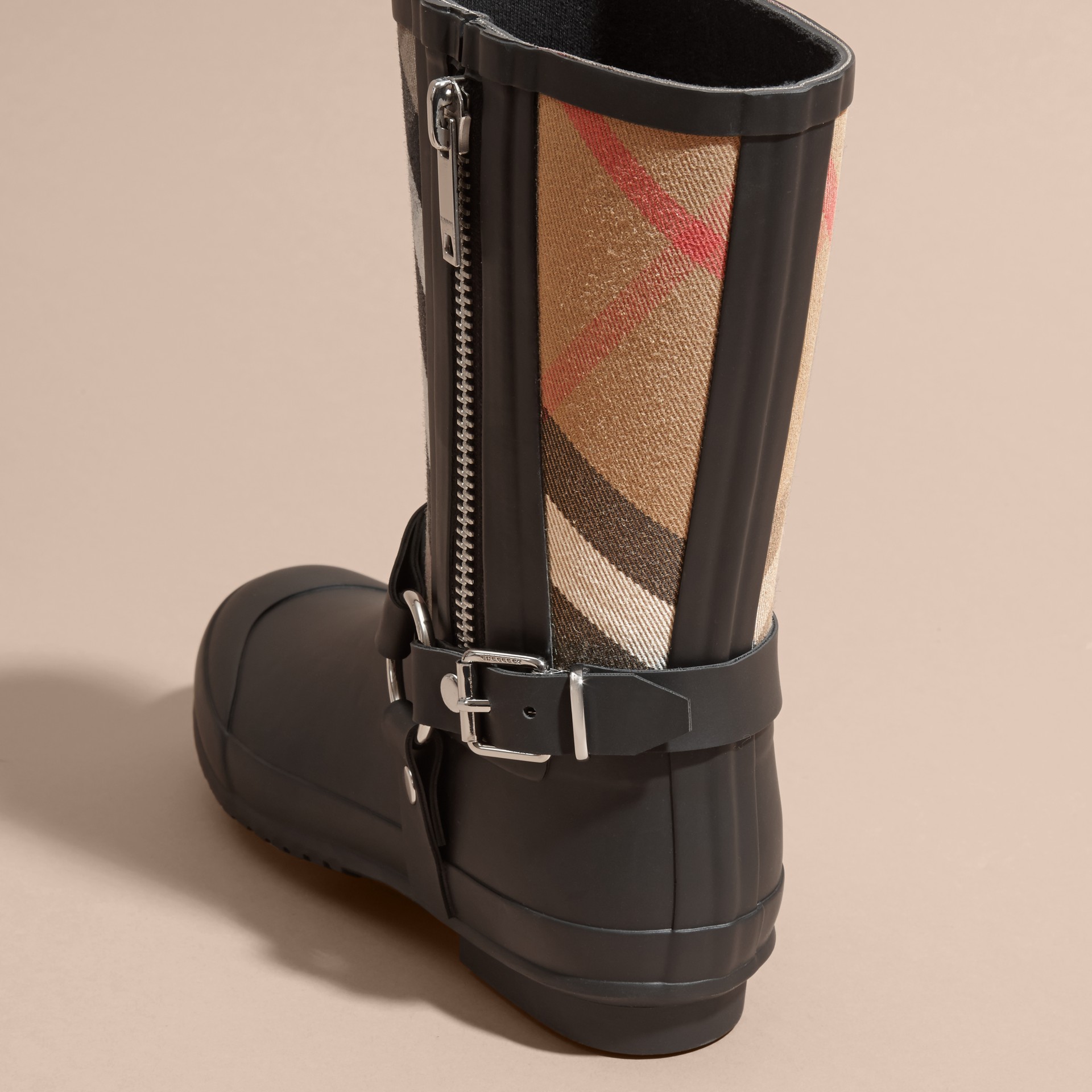 black buckle rain boots