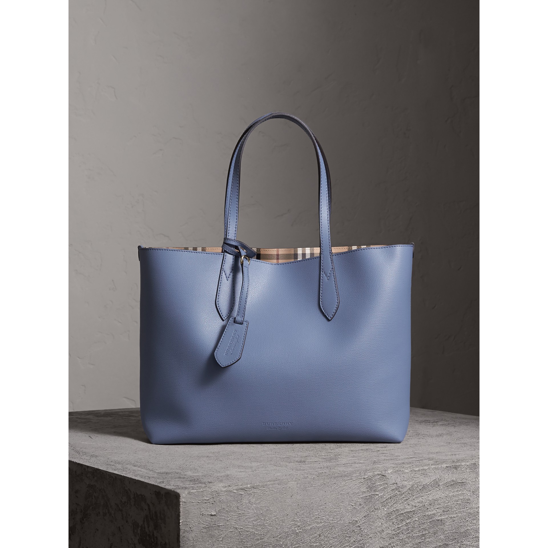 The Medium Reversible Tote in Haymarket Check and Leather in Slate Blue ...