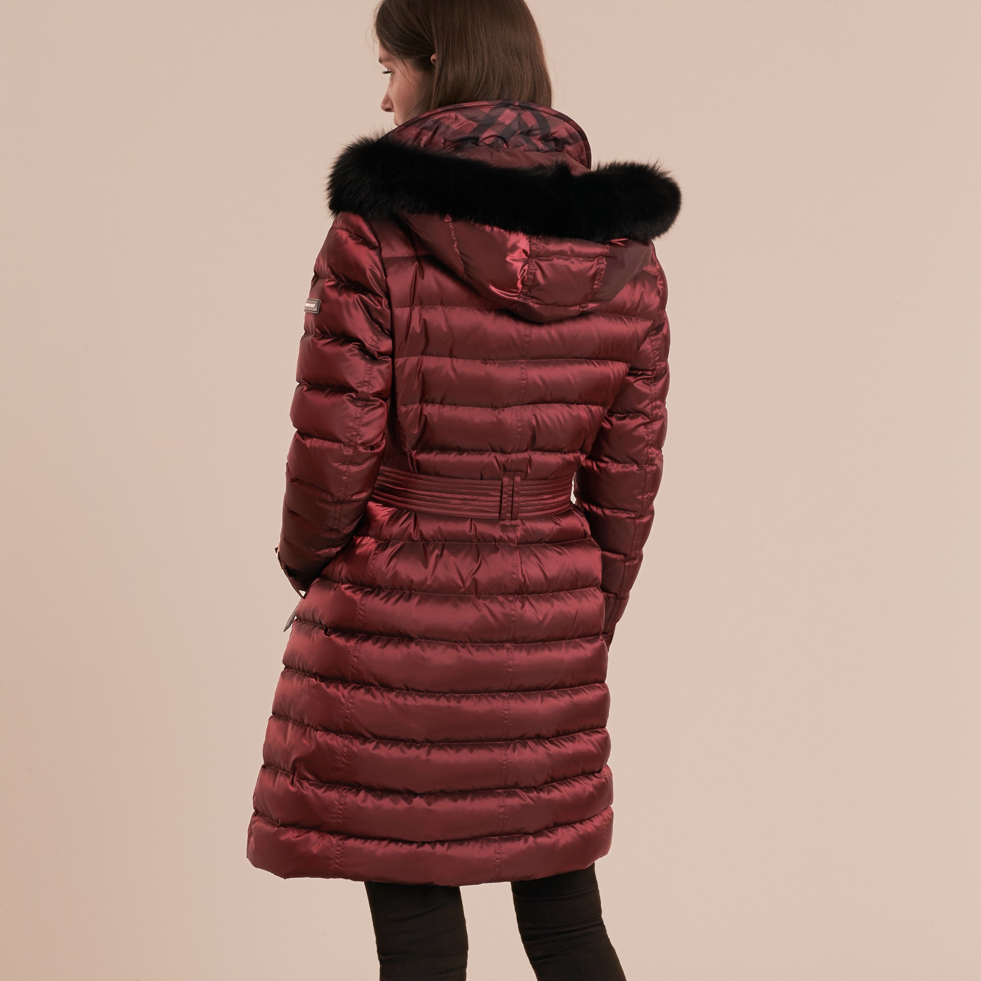 Downfilled Coat with Fox Fur Trim Hood in Burgundy Women Burberry