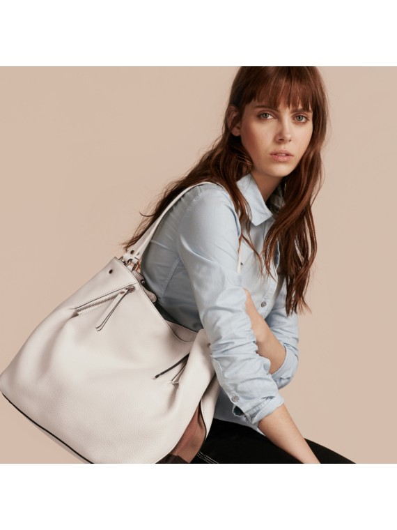 Medium Check Detail Leather Tote Bag White | Burberry