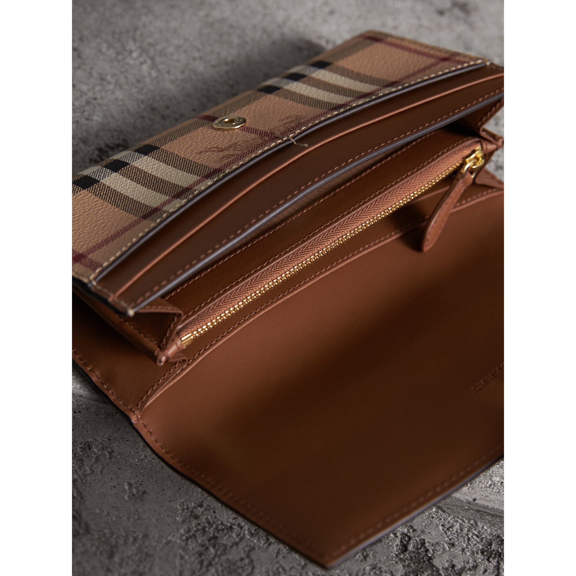 Haymarket Check and Leather Continental Wallet in Tan Women