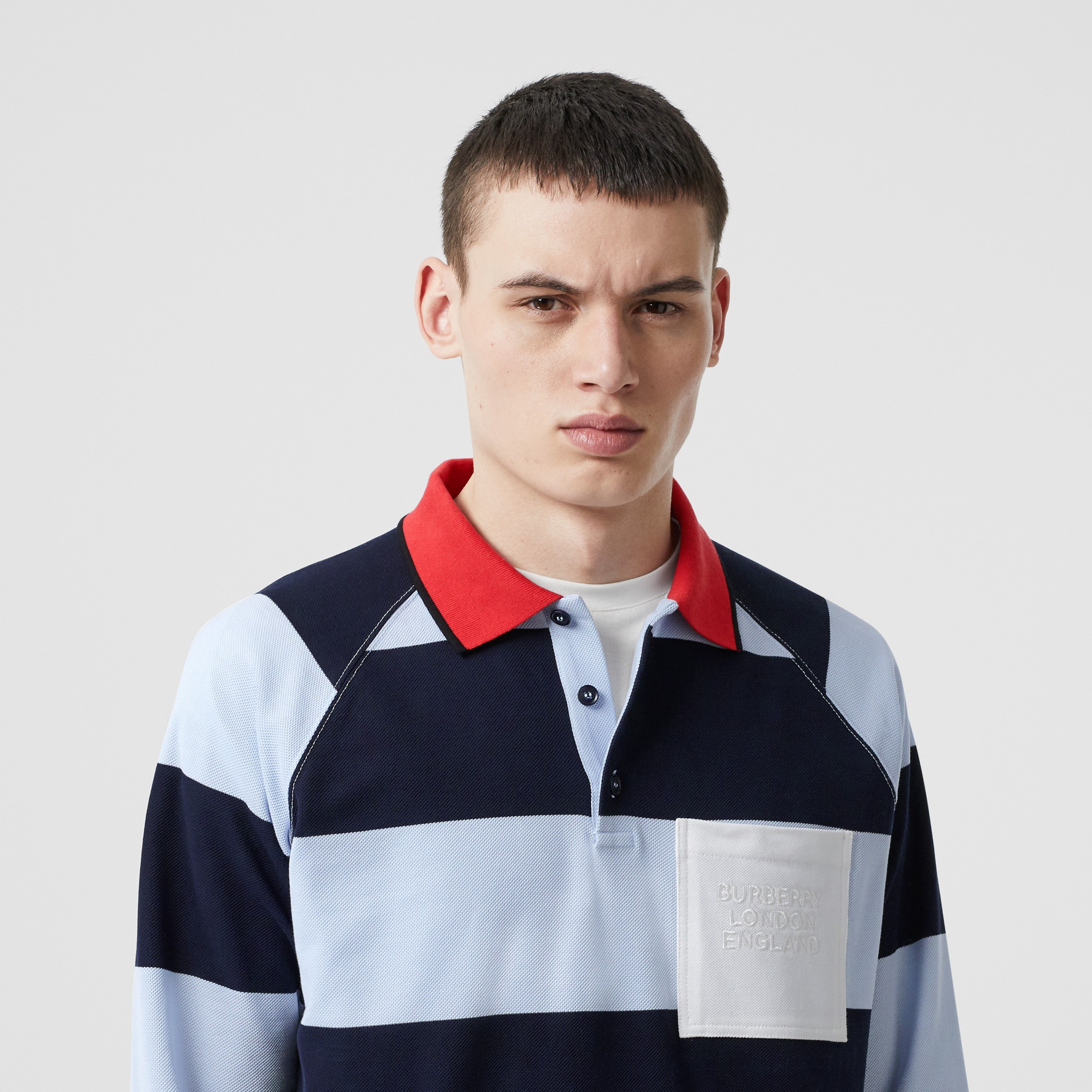 Long-sleeve Striped Cotton Piqué Oversized Polo Shirt in Pale Blue/navy ...