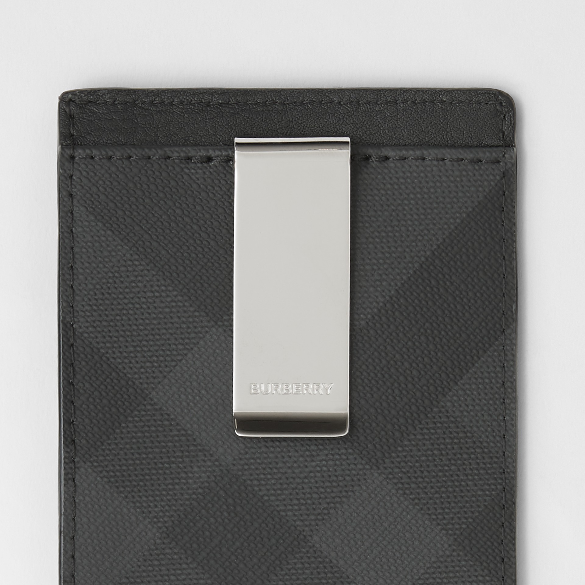 London Check and Leather Money Clip Card Case in Dark Charcoal Men