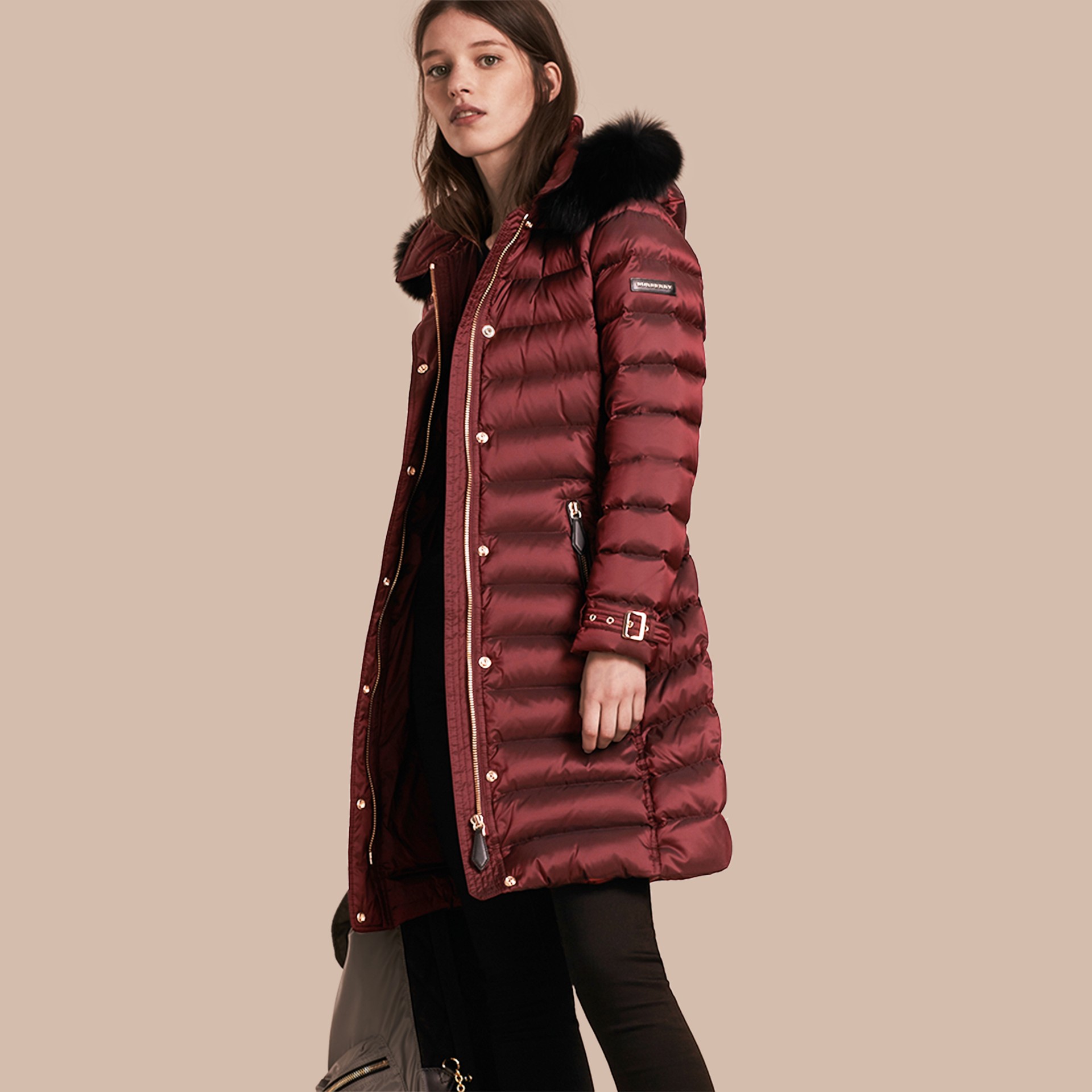 Down-filled Coat with Fox Fur Trim Hood in Burgundy - Women | Burberry ...