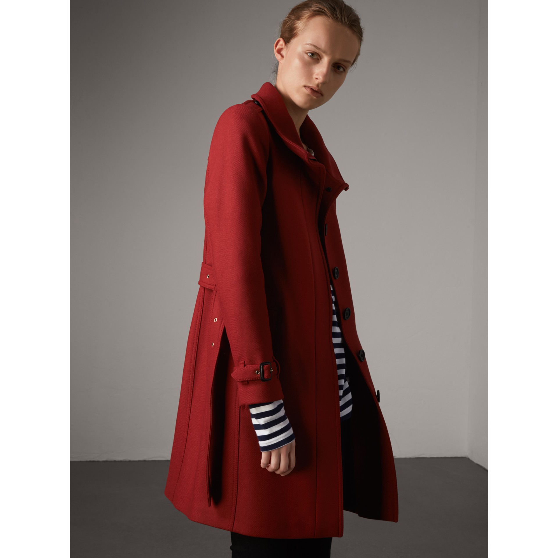 Technical Wool Cashmere Funnel Neck Coat in Damson Red - Women ...