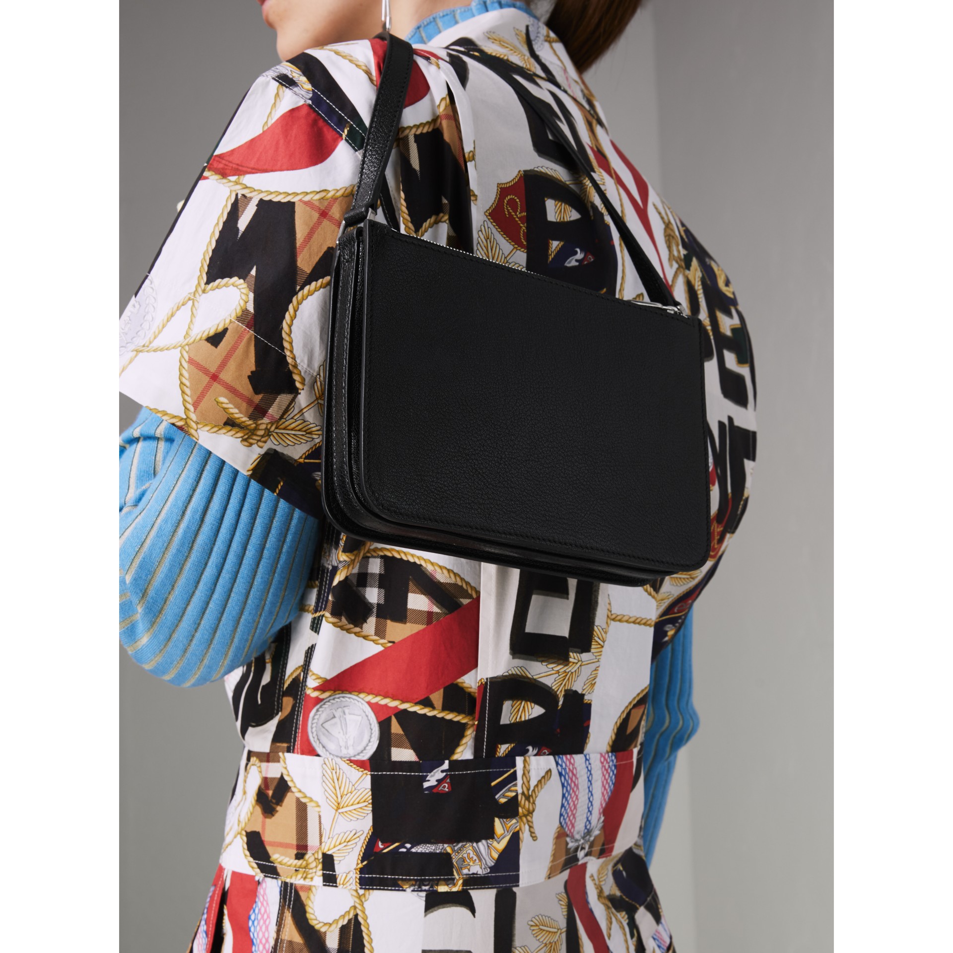 Triple Zip Grainy Leather Crossbody Bag in Black/silver Women