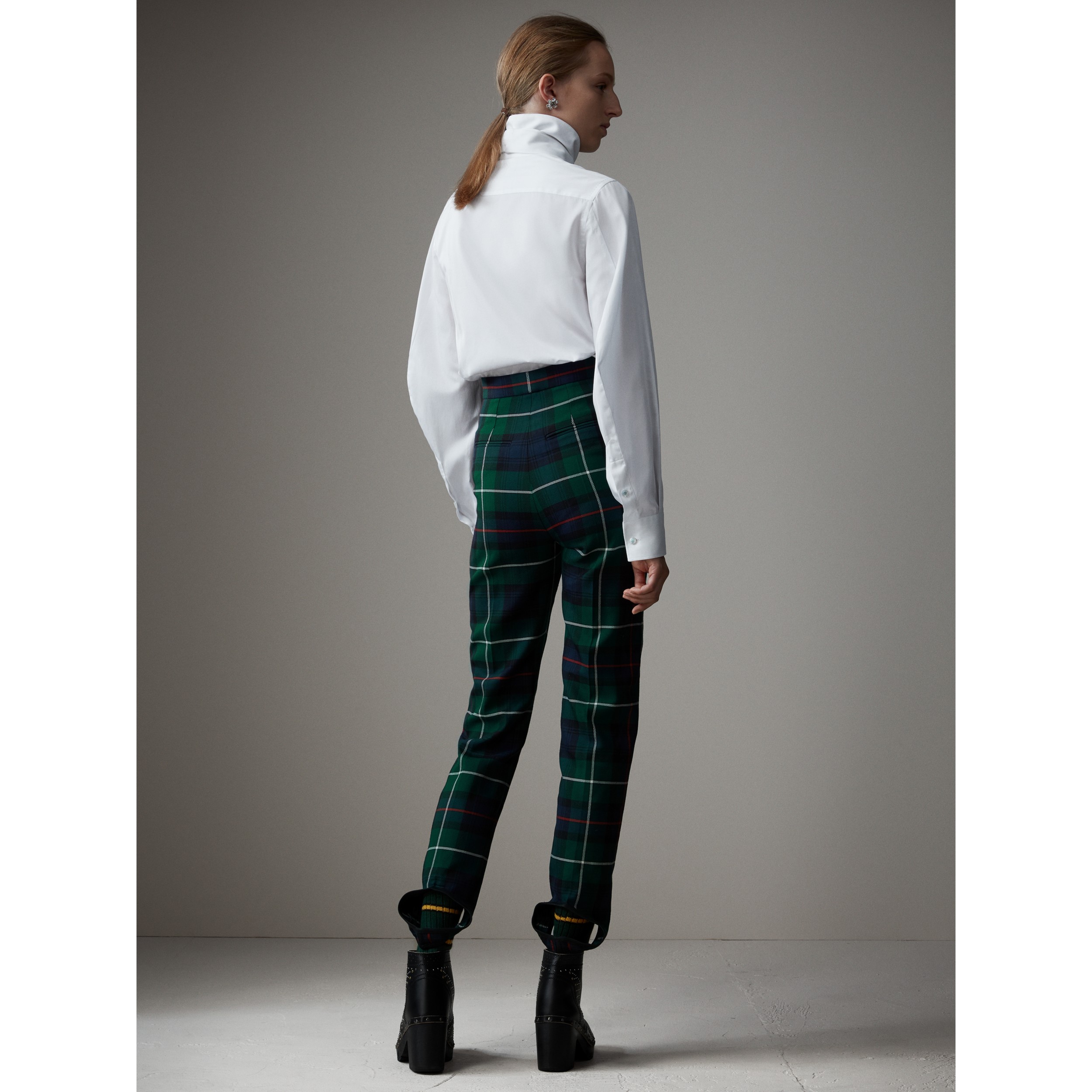Tartan Wool Highwaisted Stirrup Trousers in Forest Green Women