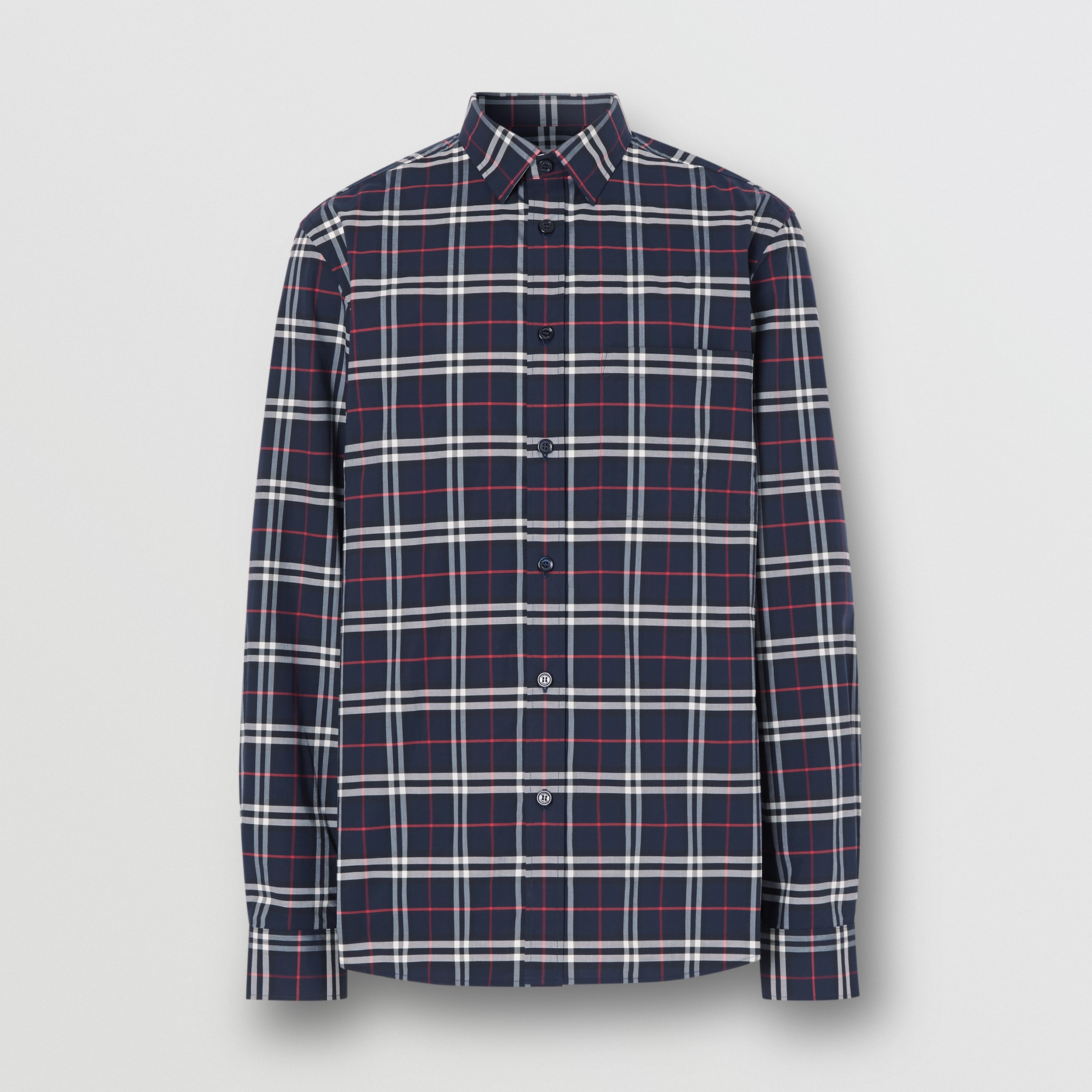 Small Scale Check Stretch Cotton Shirt in Navy - Men | Burberry® Official - 4