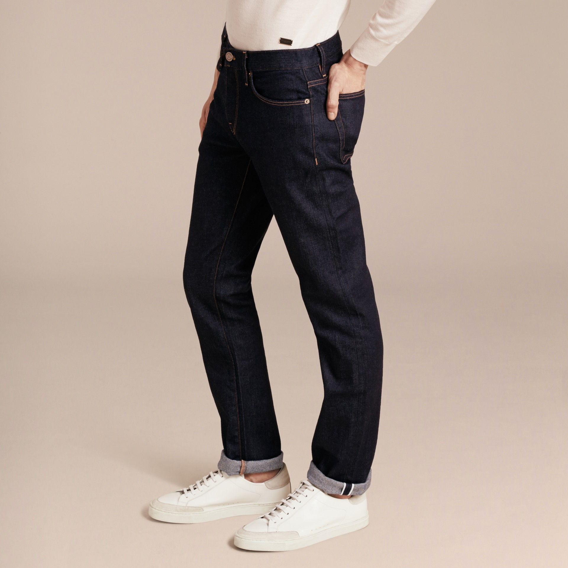 Straight Fit Stretch Japanese Selvedge Denim Jeans in Dark Indigo Men