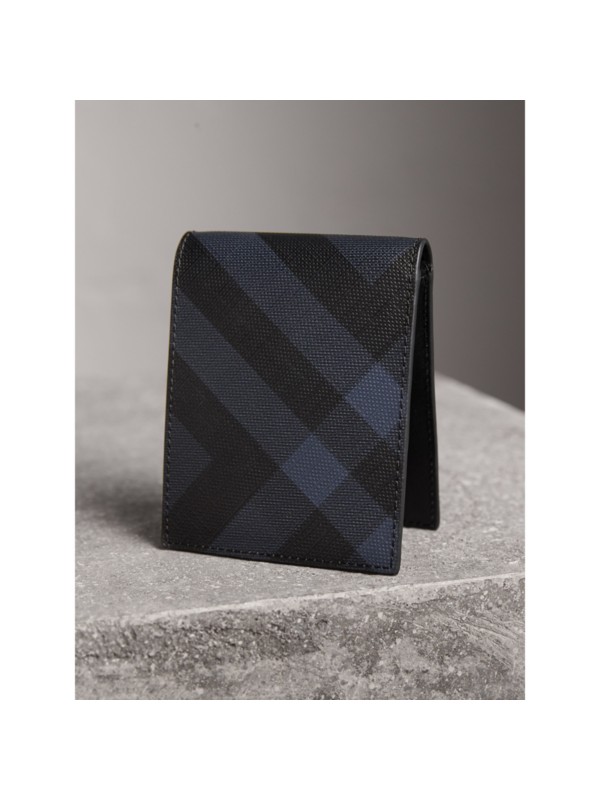 London Check and Leather Bifold Wallet in Navy/black - Men | Burberry