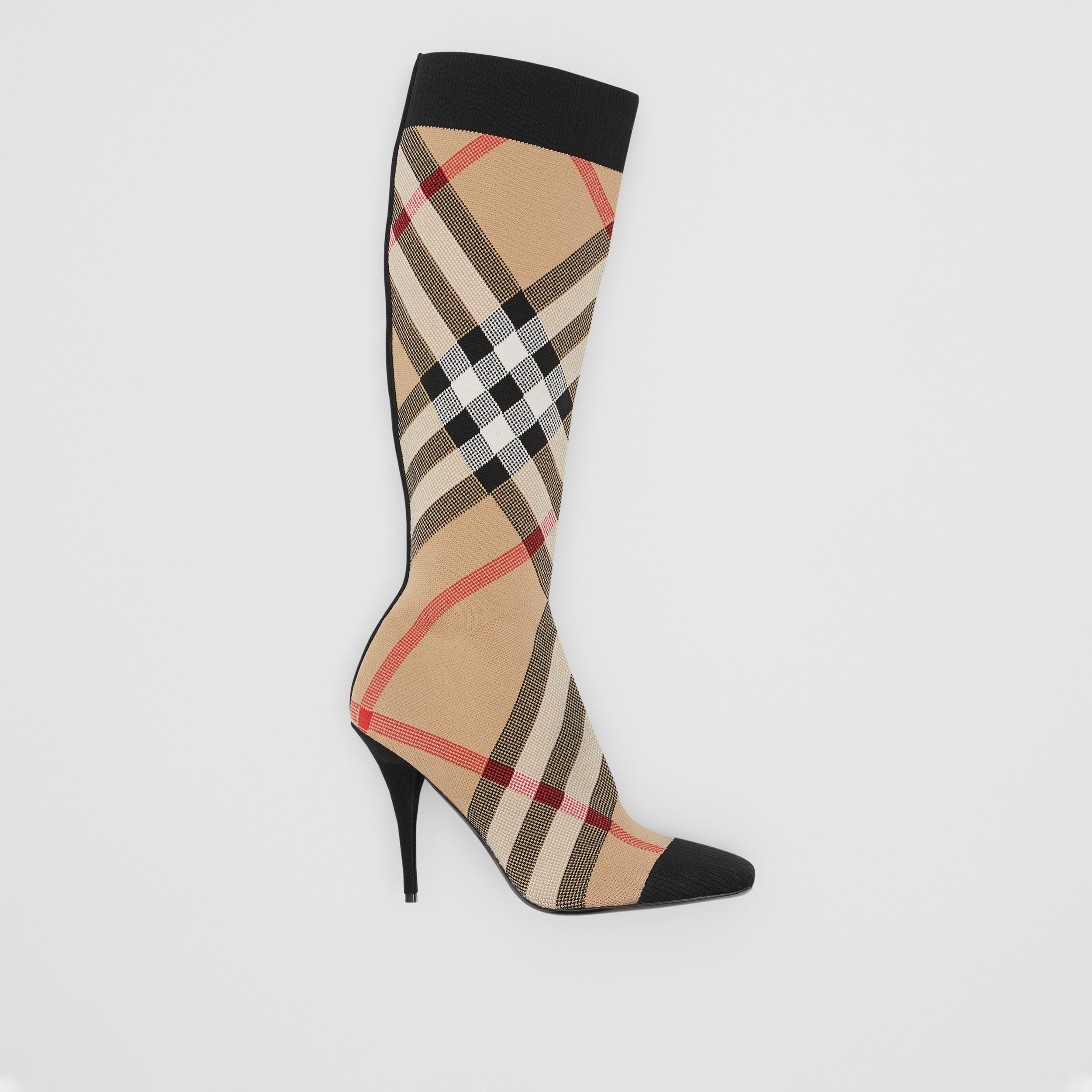Check Stretch Knit Sock Boots in Archive Beige - Women | Burberry