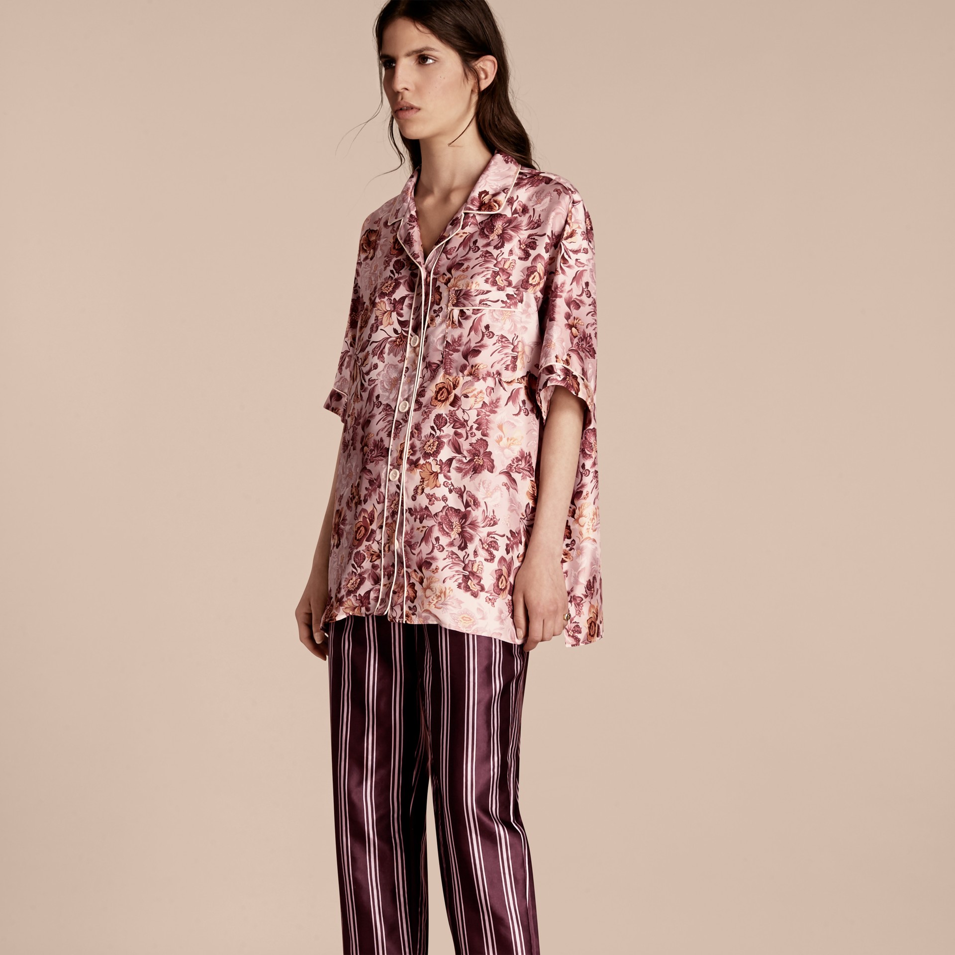 Short Sleeved Floral Print Silk Pyjama Style Shirt In Pink Heather Women Burberry United States 2638