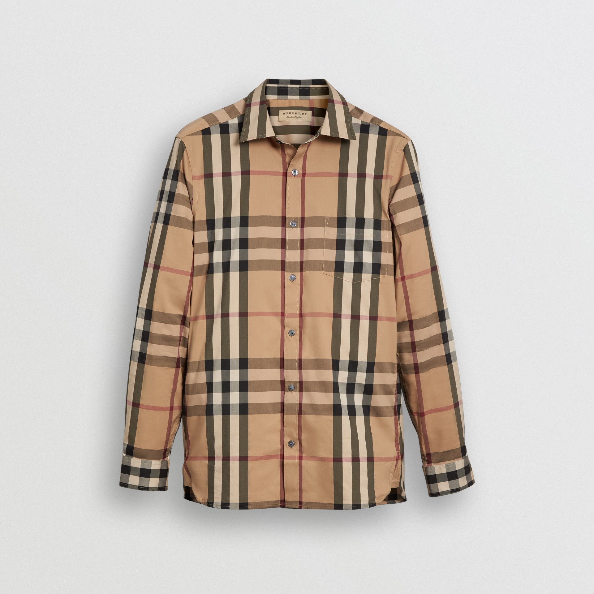 Check Stretch Cotton Shirt in Camel - Men | Burberry United States