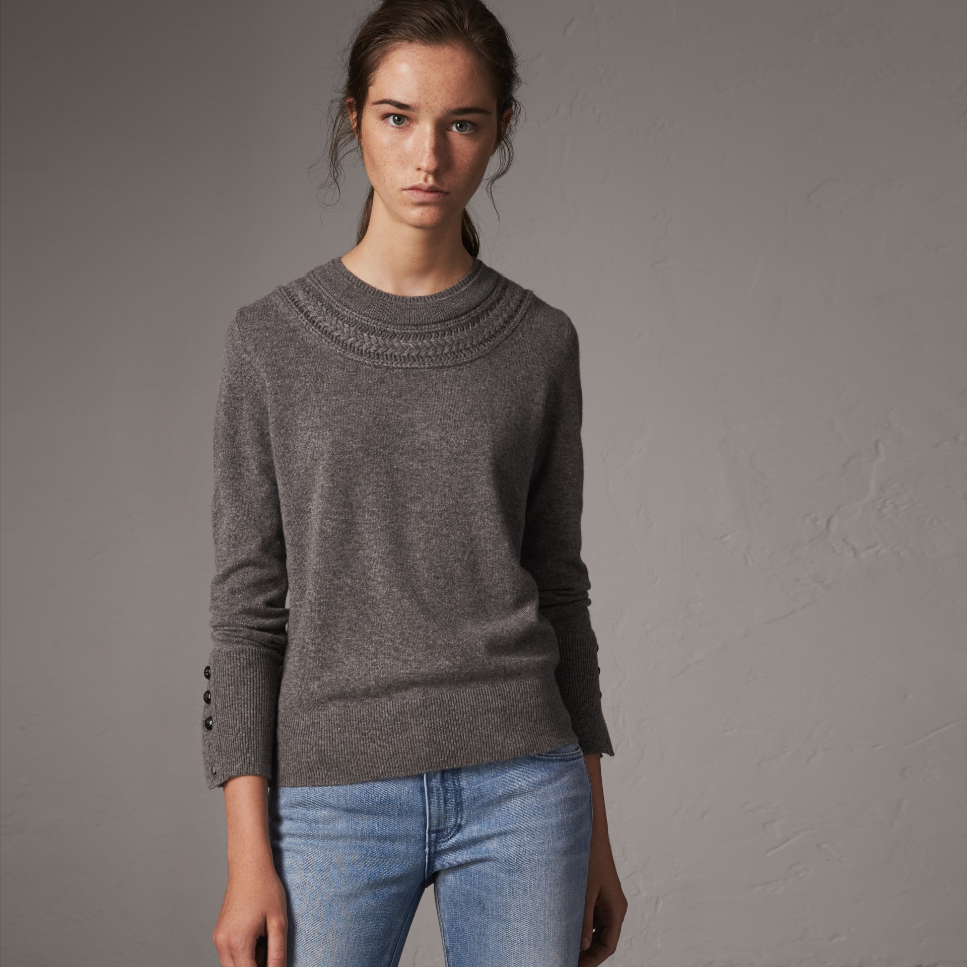 Cable Knit Yoke Cashmere Sweater in Mid Grey Melange - Women | Burberry ...