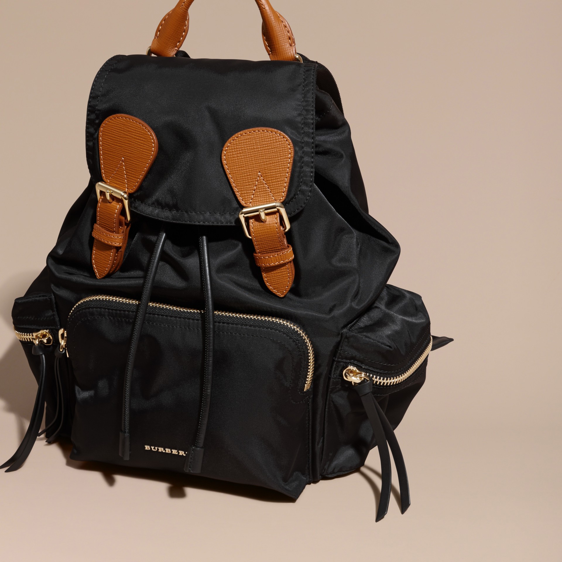 The Medium Rucksack in Technical Nylon and Leather in Black - Women ...