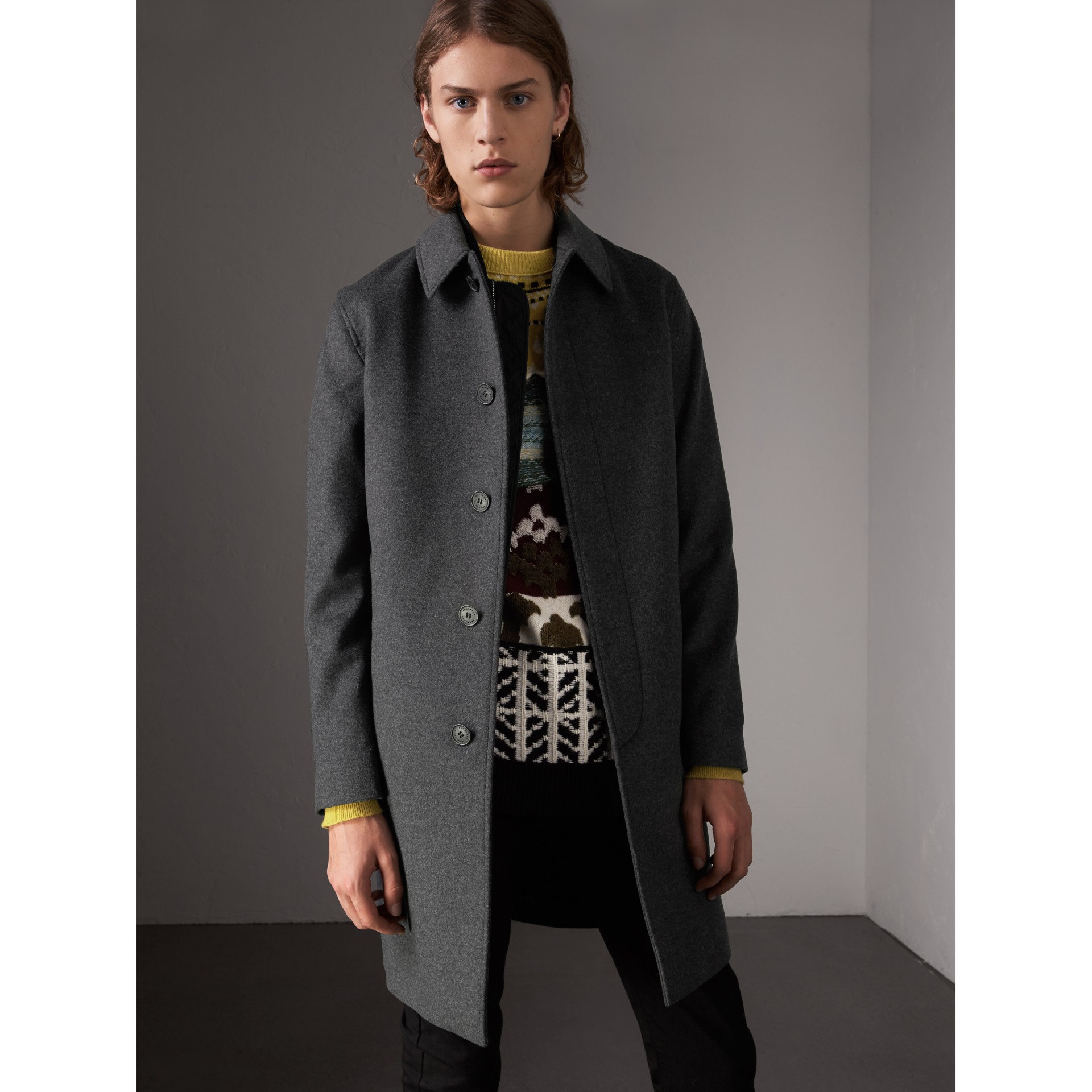 Wool Cashmere Blend Car Coat with Detachable Gilet in Dark Grey Melange ...