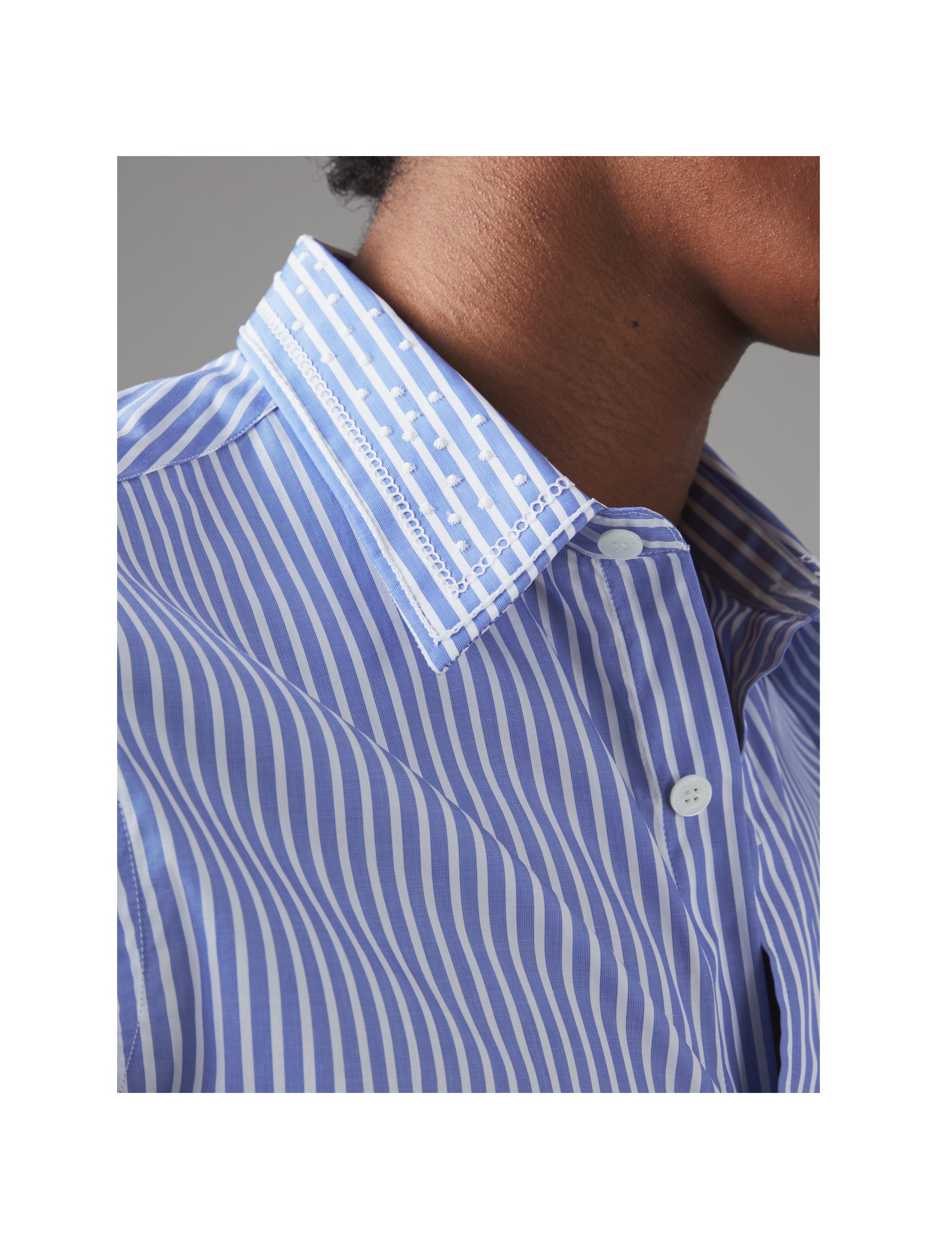 刺绣领条纹棉质衬衫 (中调蓝色) - 男士 | burberry 博柏利