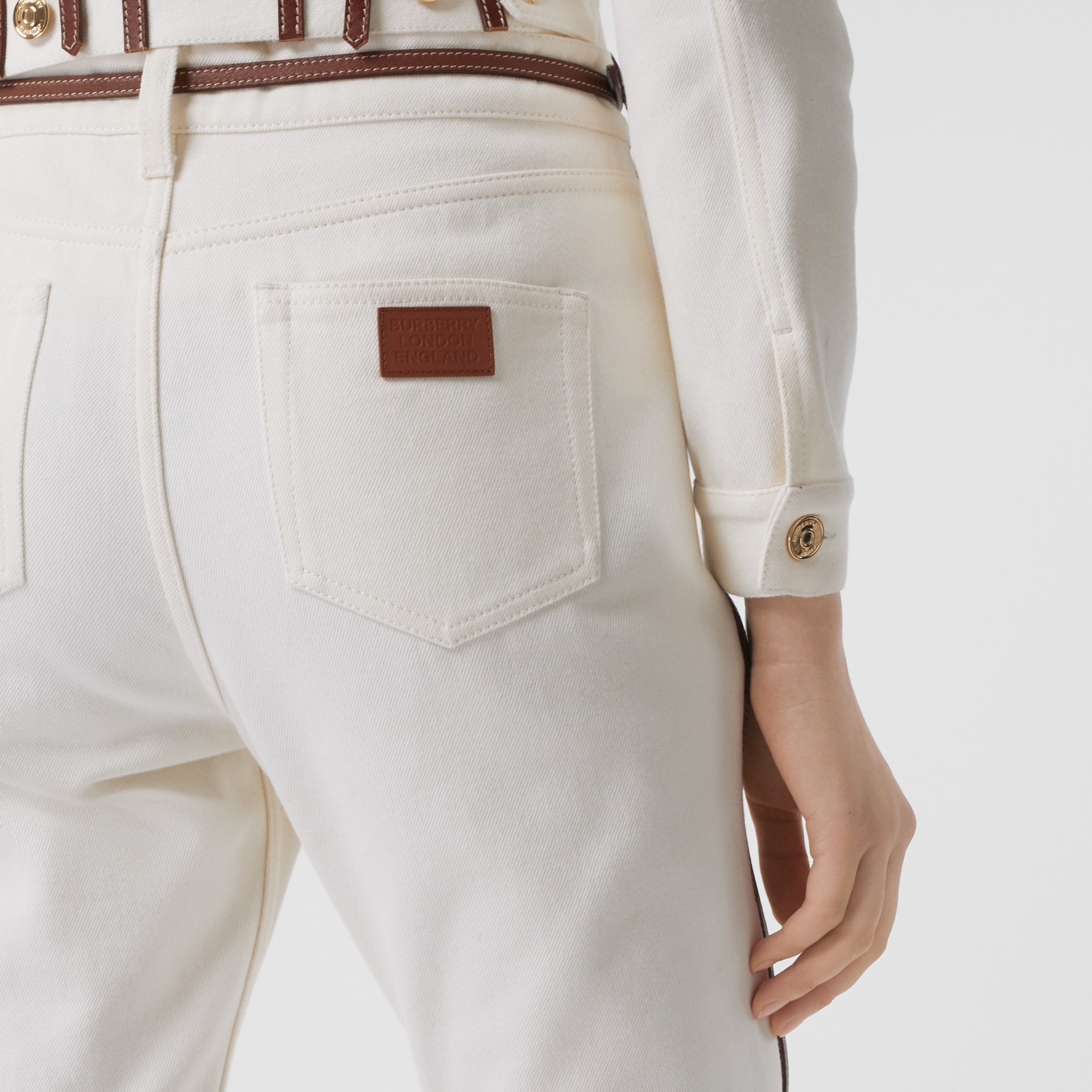 Straight Fit Leather Harness Detail Jeans in Off White - Women ...