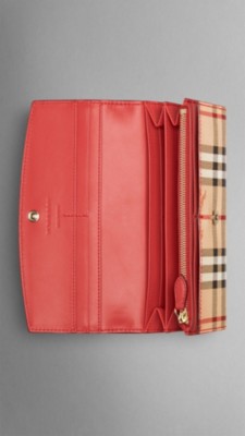 Leather and Haymarket Check Continental Wallet Coral Red | Burberry