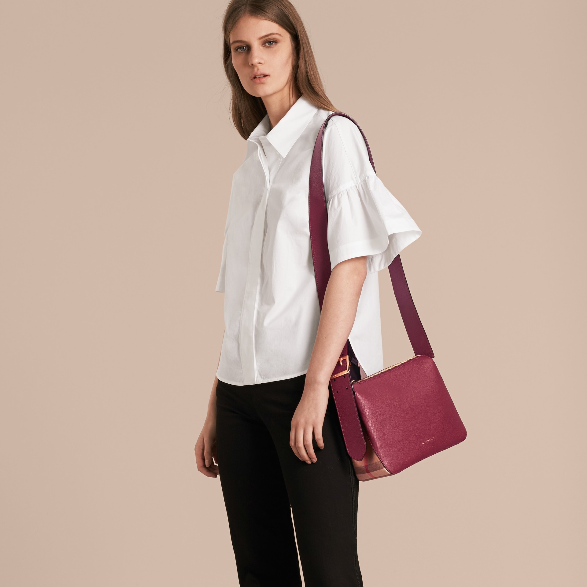 Buckle Detail Leather and House Check Crossbody Bag in Dark Plum