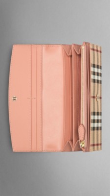 Leather and Haymarket Check Continental Wallet Pale Coral Pink | Burberry