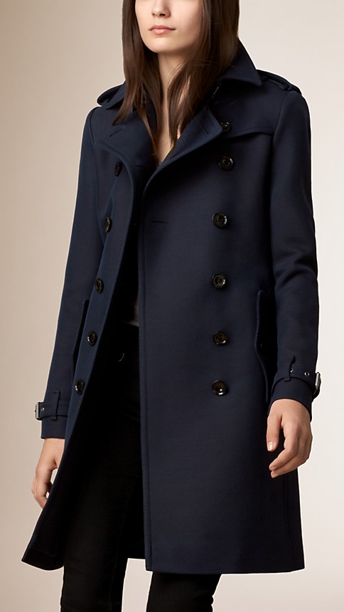 Navy Cotton Wool Blend Twill Trench Coat - Image 1