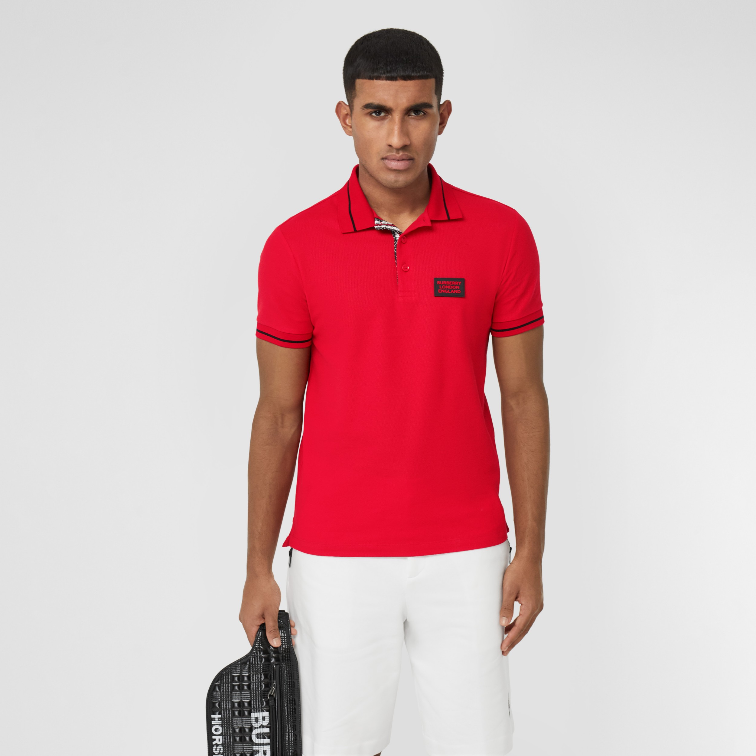 Logo Appliqué Cotton Piqué Polo Shirt in Bright Red - Men | Burberry ...