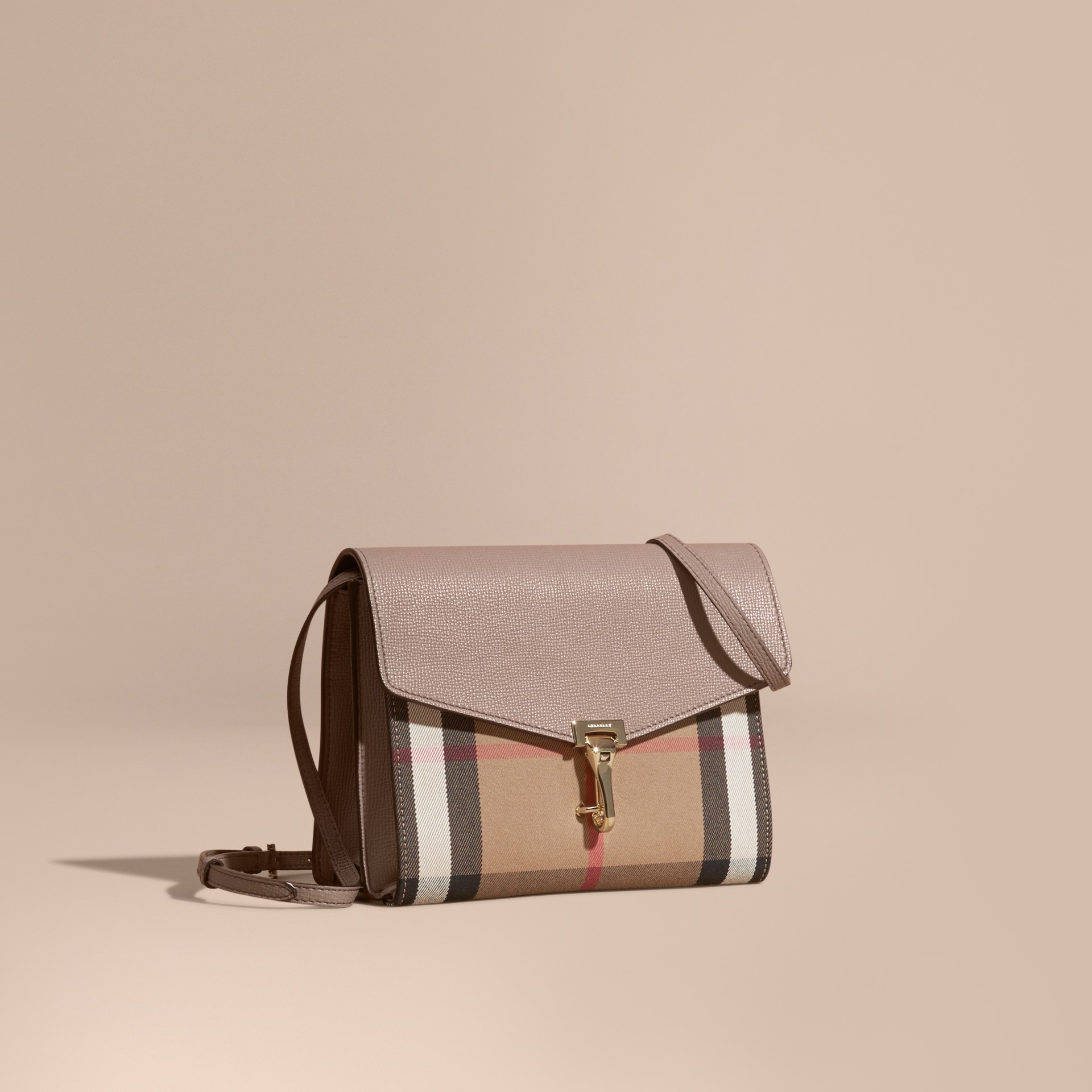 Small Leather and House Check Crossbody Bag Thistle Grey Burberry