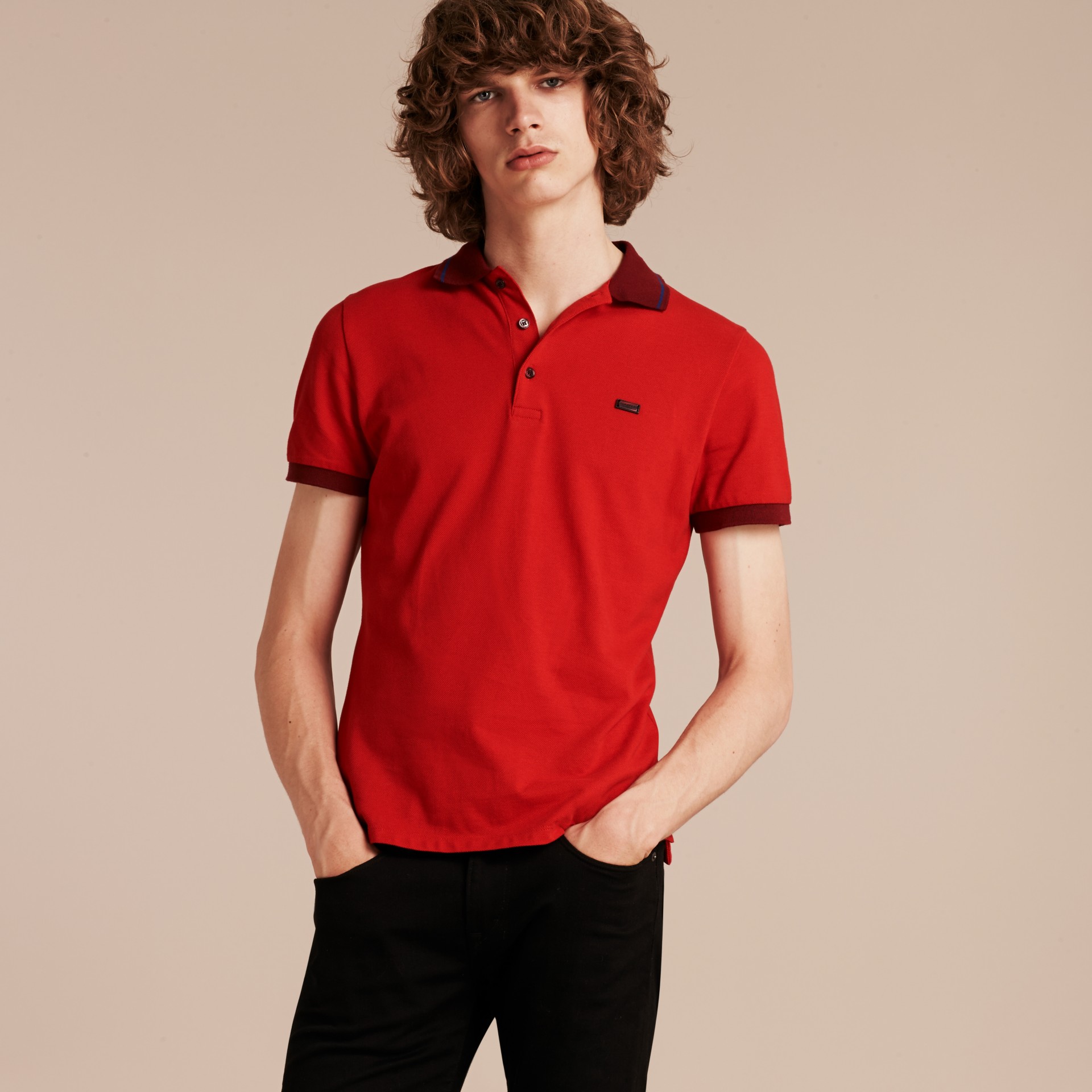 Contrast Trim Cotton Piqué Polo Shirt Union Red/dark Blue | Burberry