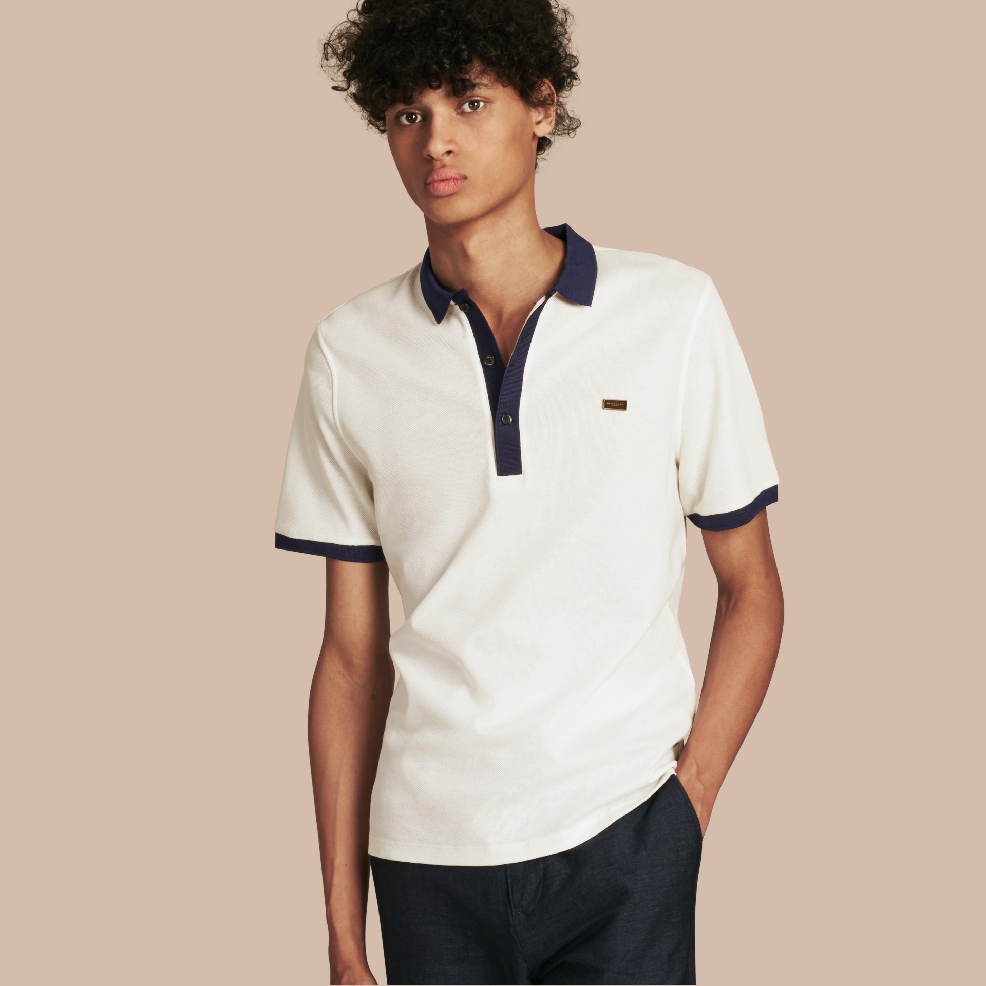 Mercerised Cotton Polo Shirt in White/navy Men Burberry United States