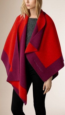 Bright coral red Border Detail Wool Cashmere Poncho - Image 1