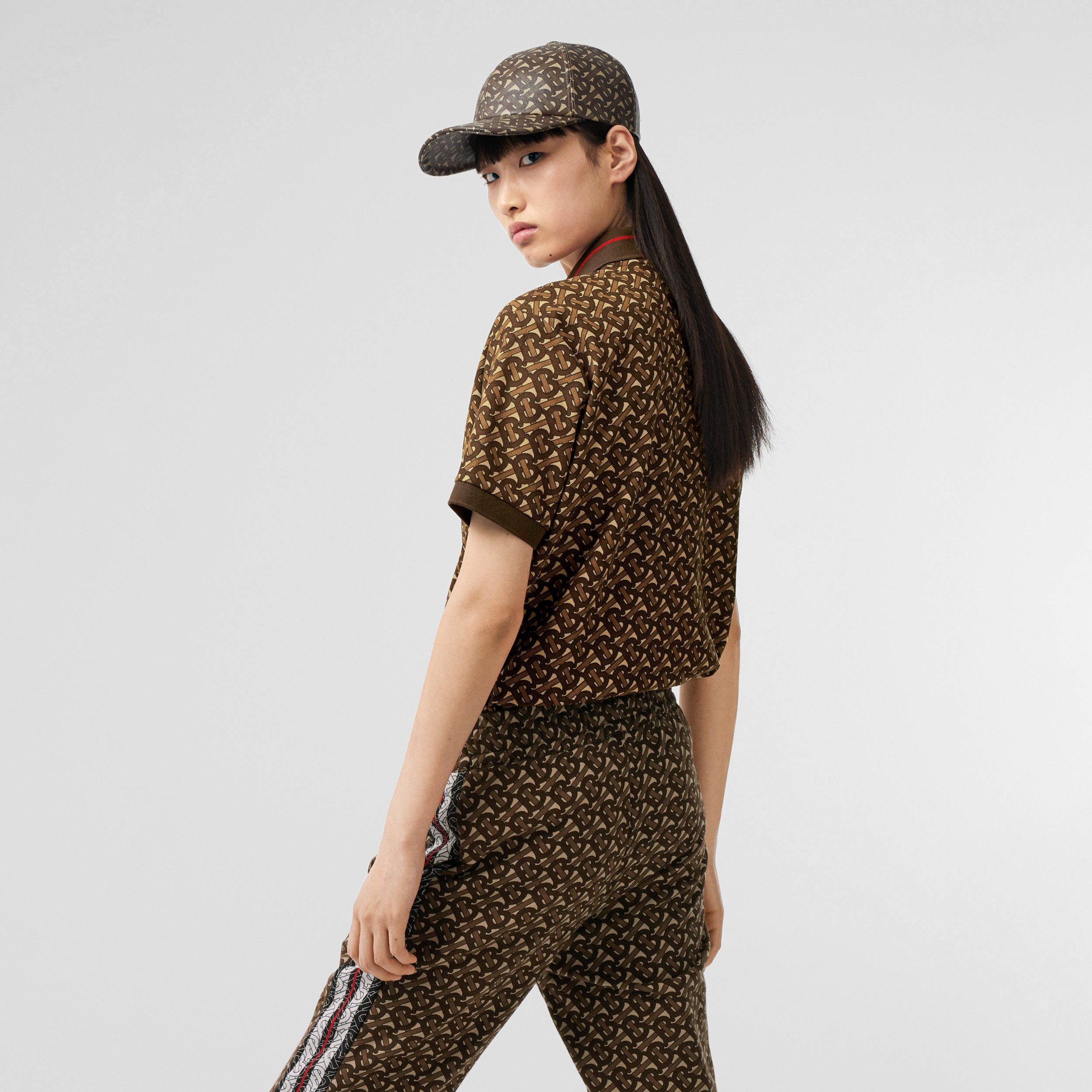 Monogram Stripe Print Cotton Oversized Polo Shirt in Bridle Brown